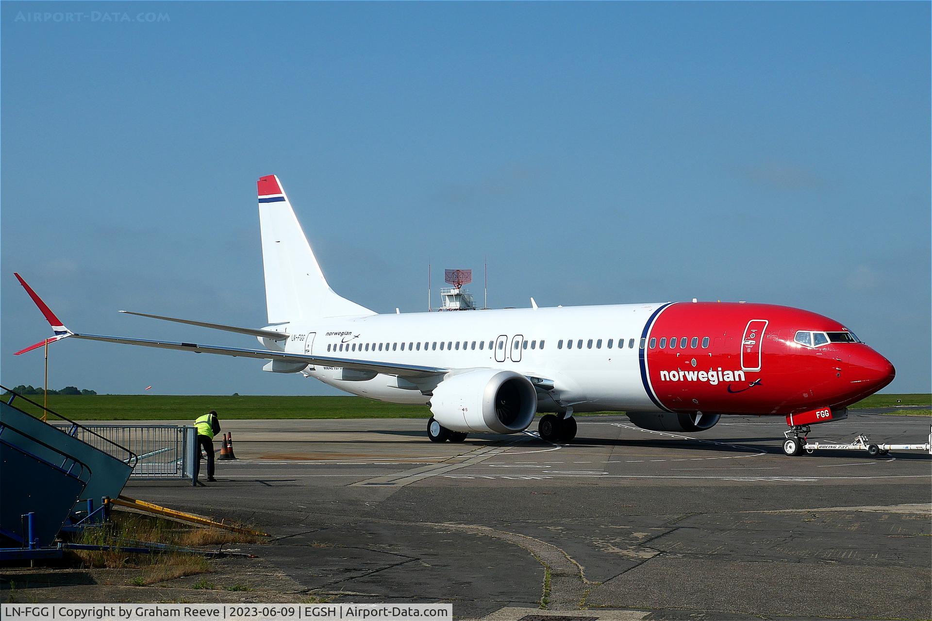 LN-FGG, 2021 Boeing 737-8 MAX C/N 43343, Under tow at Norwich.