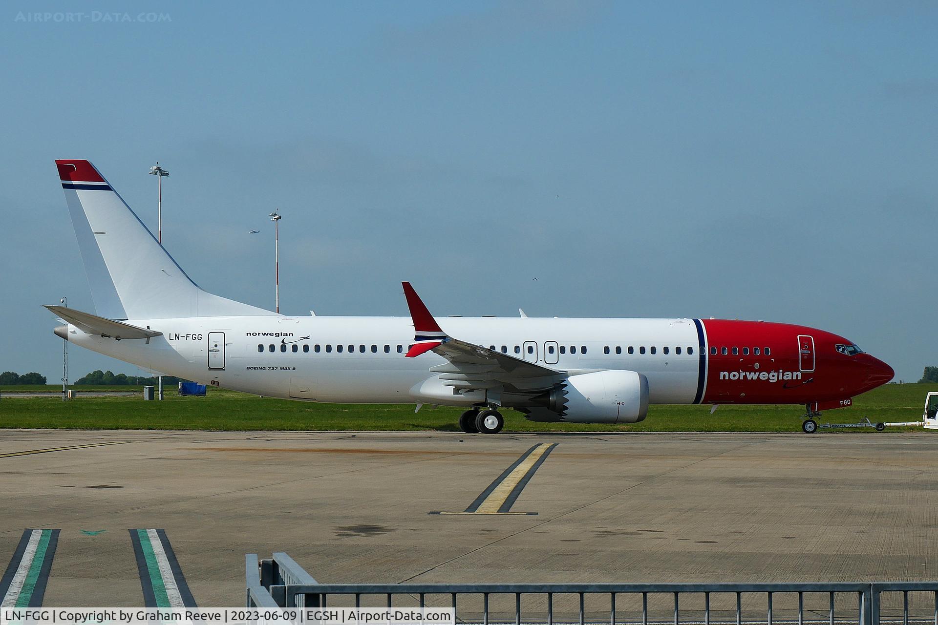 LN-FGG, 2021 Boeing 737-8 MAX C/N 43343, Under tow at Norwich.