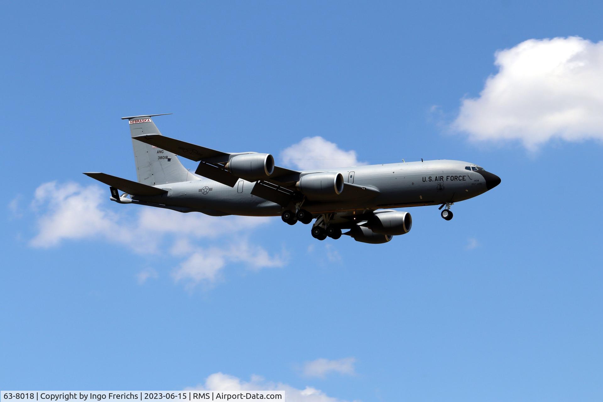 63-8018, 1963 Boeing KC-135R Stratotanker C/N 18635, 63-8018 as 'MOON20' approaching runway 08 at Ramstein Air Base after a mission possibly for 