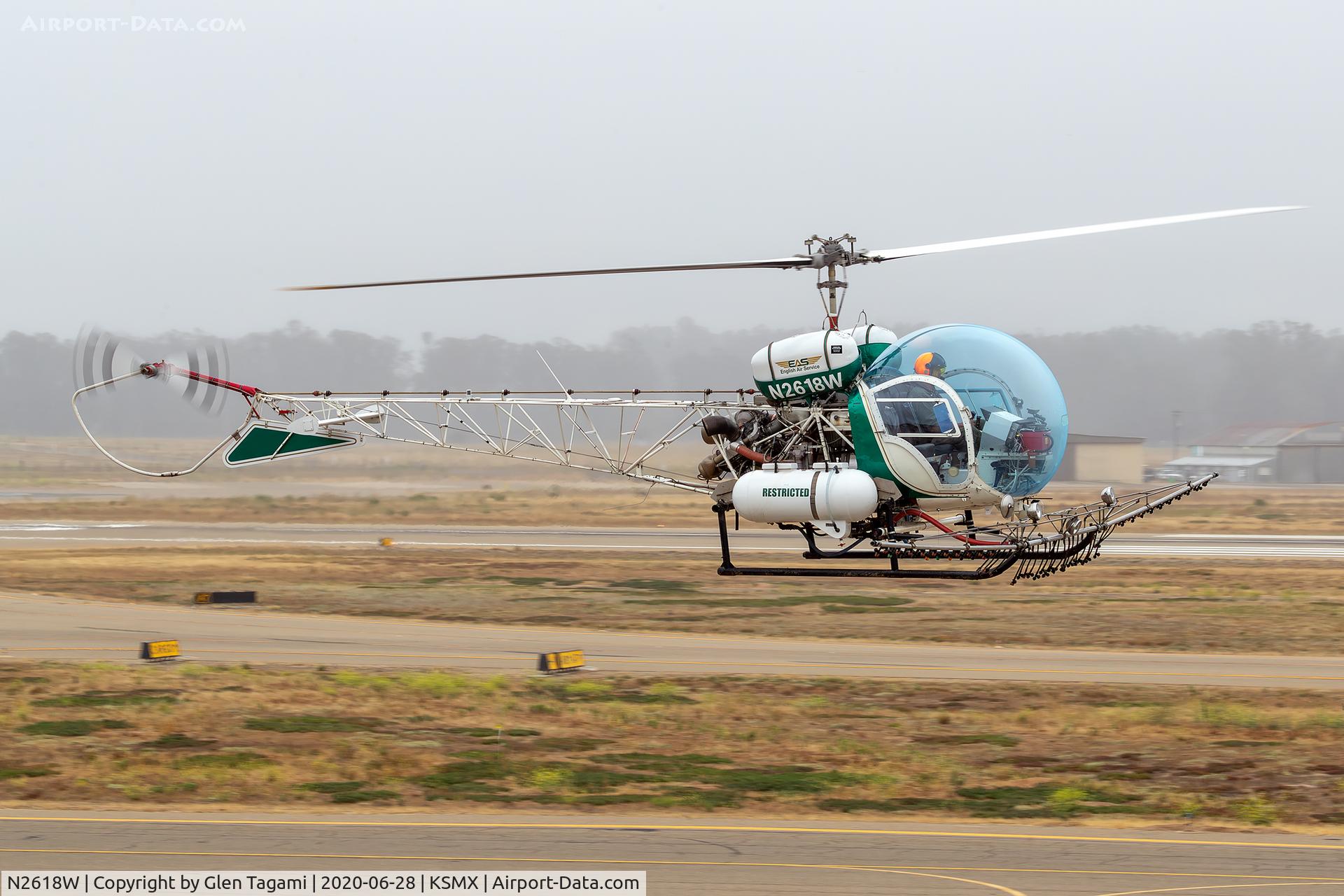 N2618W, 1966 Bell 47G-3B-1 Sioux C/N 6580, Returning to SMX from an early morning agricultural spray mission for English Air Services.