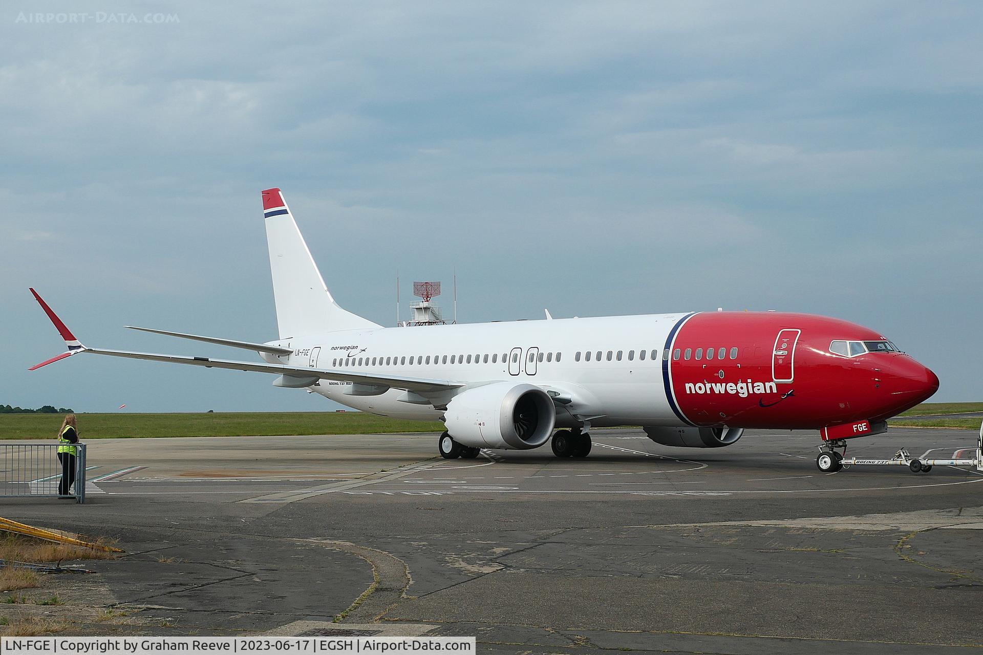 LN-FGE, 2021 Boeing 737-8 MAX C/N 63560, Under tow at Norwich.