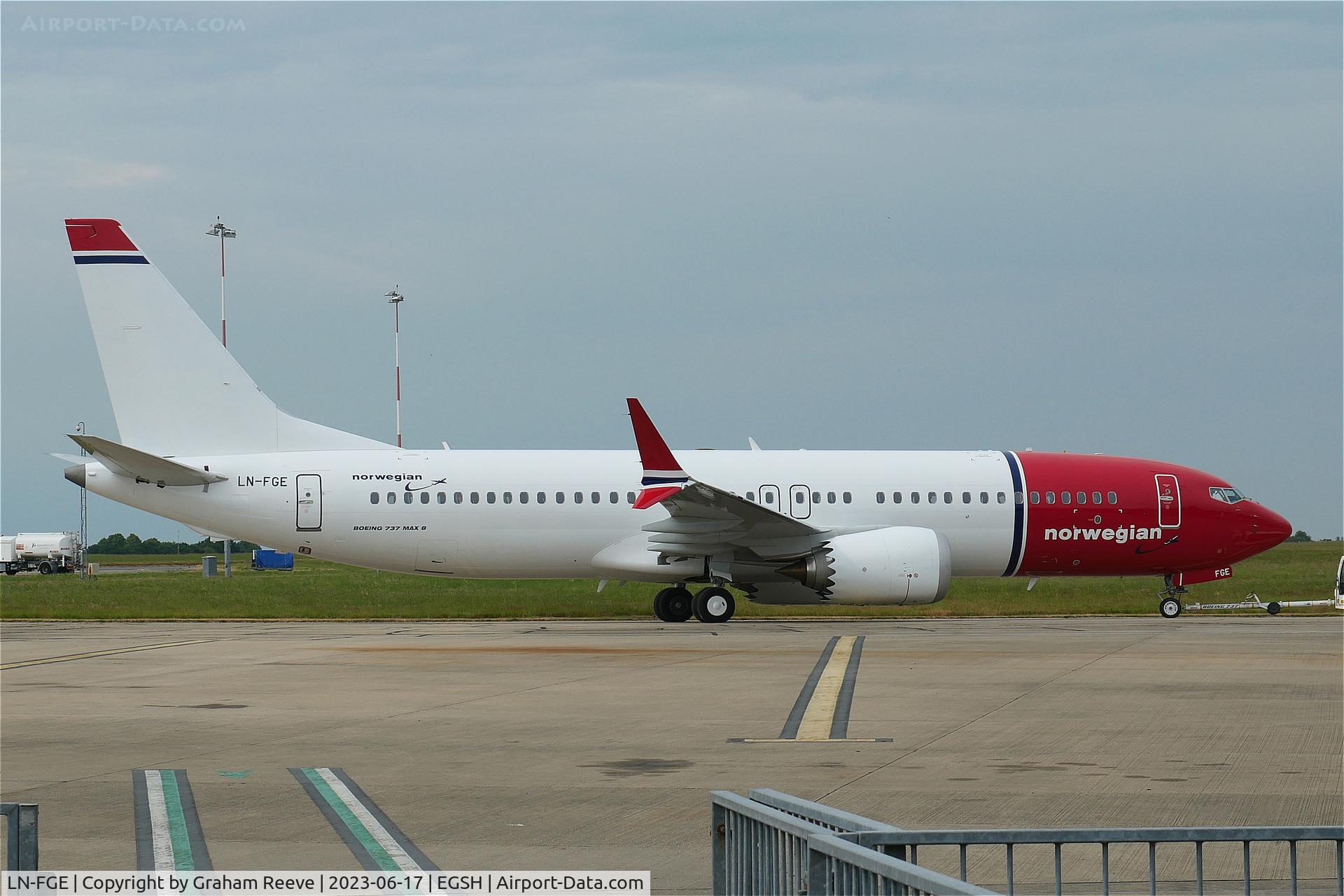 LN-FGE, 2021 Boeing 737-8 MAX C/N 63560, Under tow at Norwich.