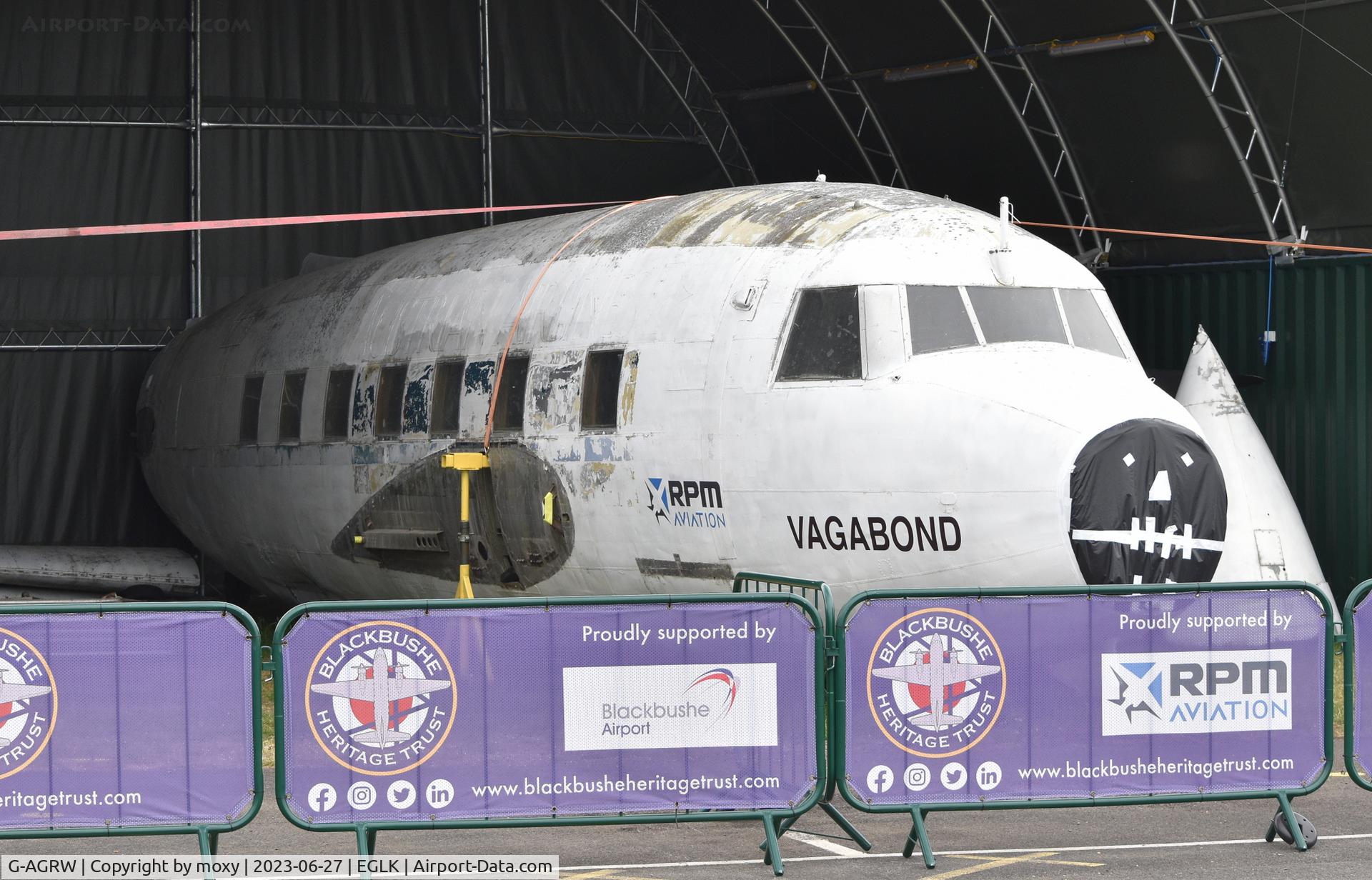 G-AGRW, Vickers 639 Viking 1 C/N 115, Vickers 639 Viking 1 fuselage in a small hangar at Blackbushe. To be restored. Ex BEA, Hunting Clan, Overseas Aviation and Autair.