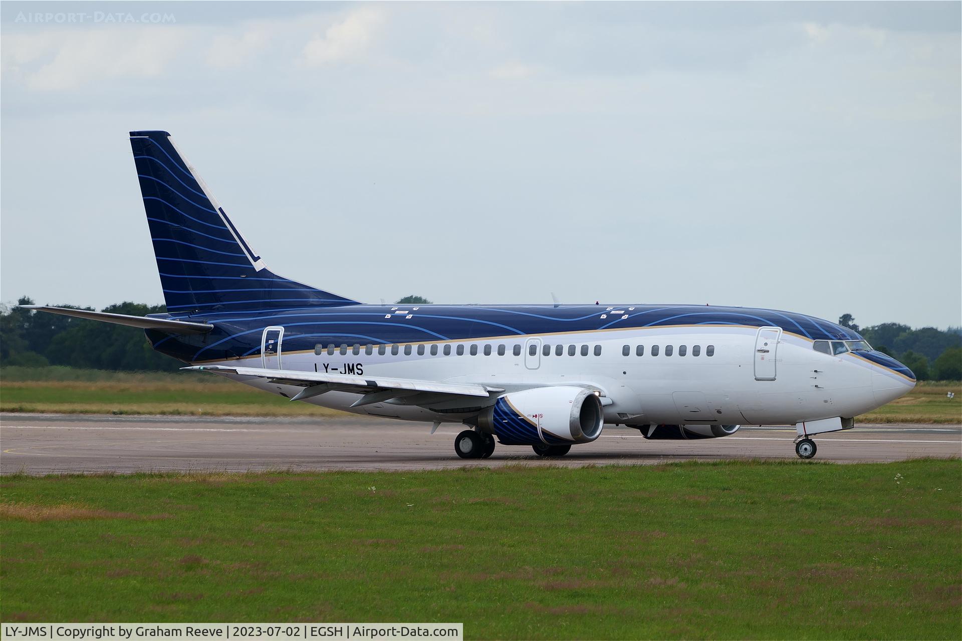 LY-JMS, 1992 Boeing 737-522 C/N 26680, Departing from Norwich.