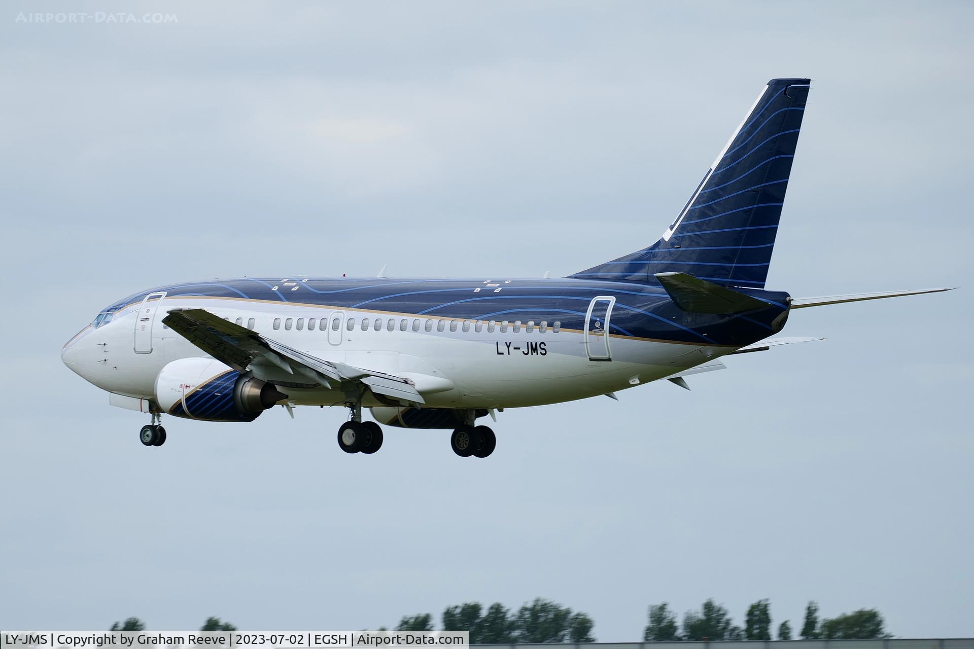 LY-JMS, 1992 Boeing 737-522 C/N 26680, Landing at Norwich.