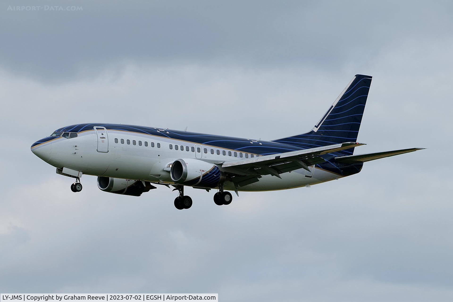 LY-JMS, 1992 Boeing 737-522 C/N 26680, Landing at Norwich.