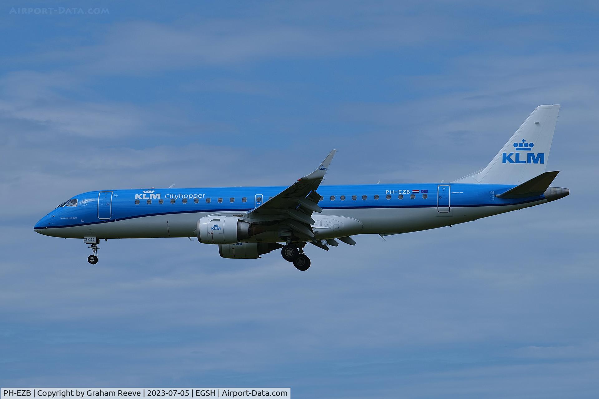 PH-EZB, 2008 Embraer 190LR (ERJ-190-100LR) C/N 19000235, Landing at Norwich.