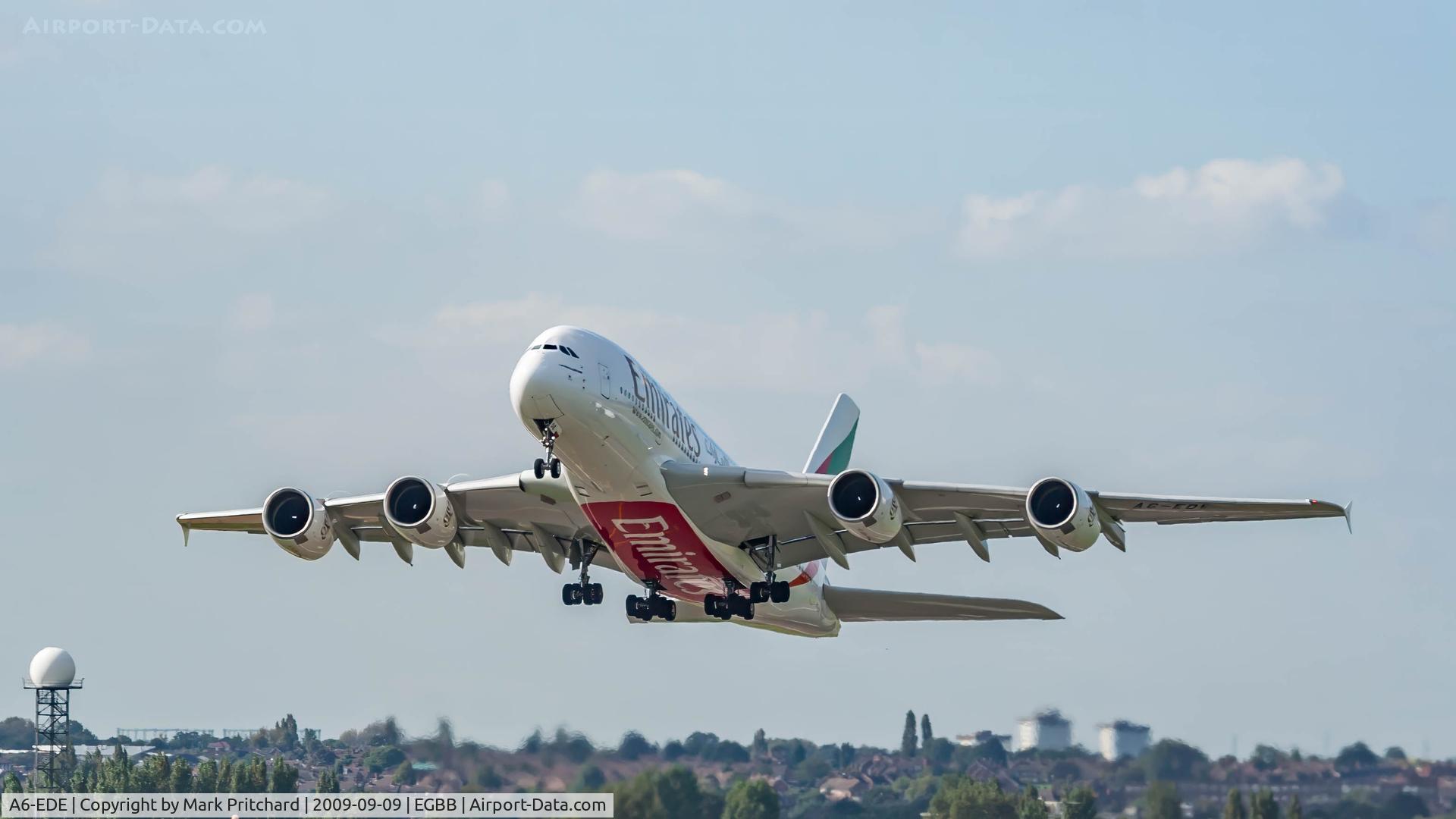 A6-EDE, 2008 Airbus A380-861 C/N 017, Departing Birmingham International Airport after the first visit of an A380