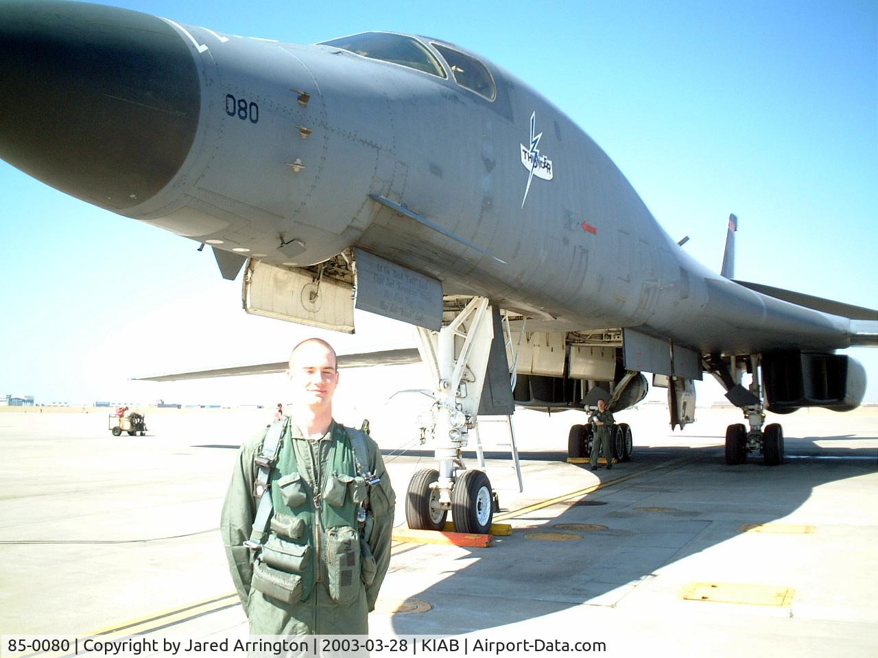 85-0080, 1985 Rockwell B-1B Lancer C/N 40, While assigned to the 184 Bomb Wing, Kansas Air National Guard, McConnell AFB, KS. 080 bore the emblem of our local semi-pro hockey team, the Wichita Thunder.
