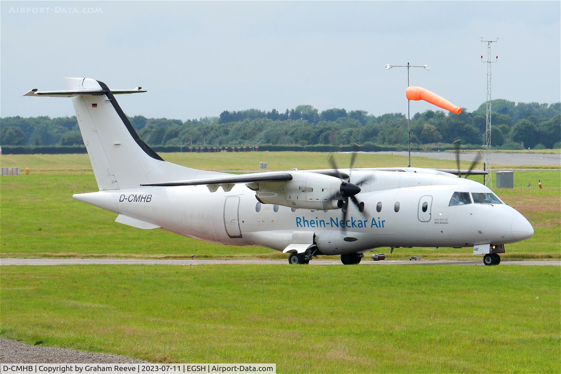 D-CMHB, 2001 Dornier 328-100 C/N 3110, Departing from Norwich.