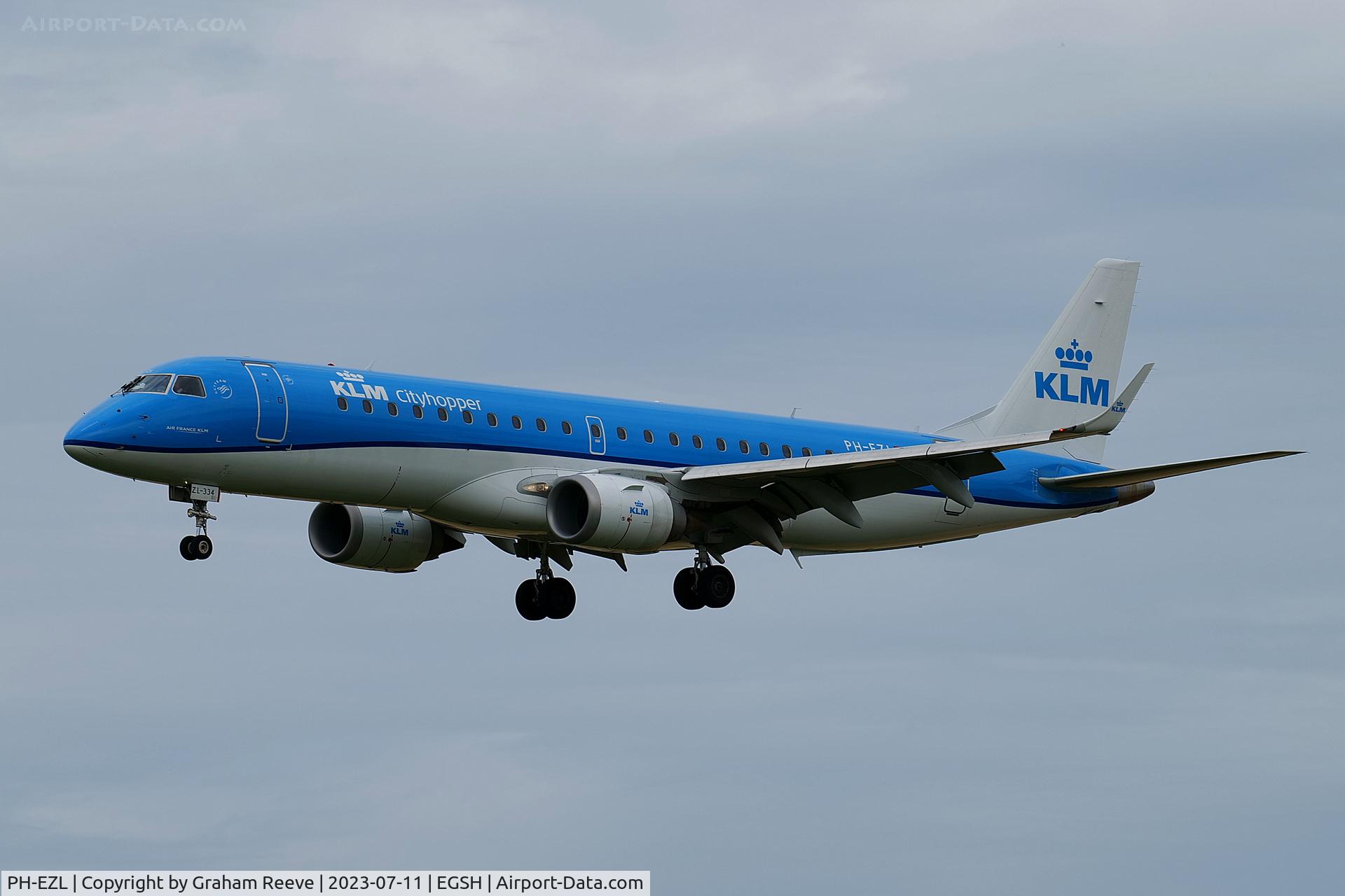 PH-EZL, 2010 Embraer 190LR (ERJ-190-100LR) C/N 19000334, Landing at Norwich.