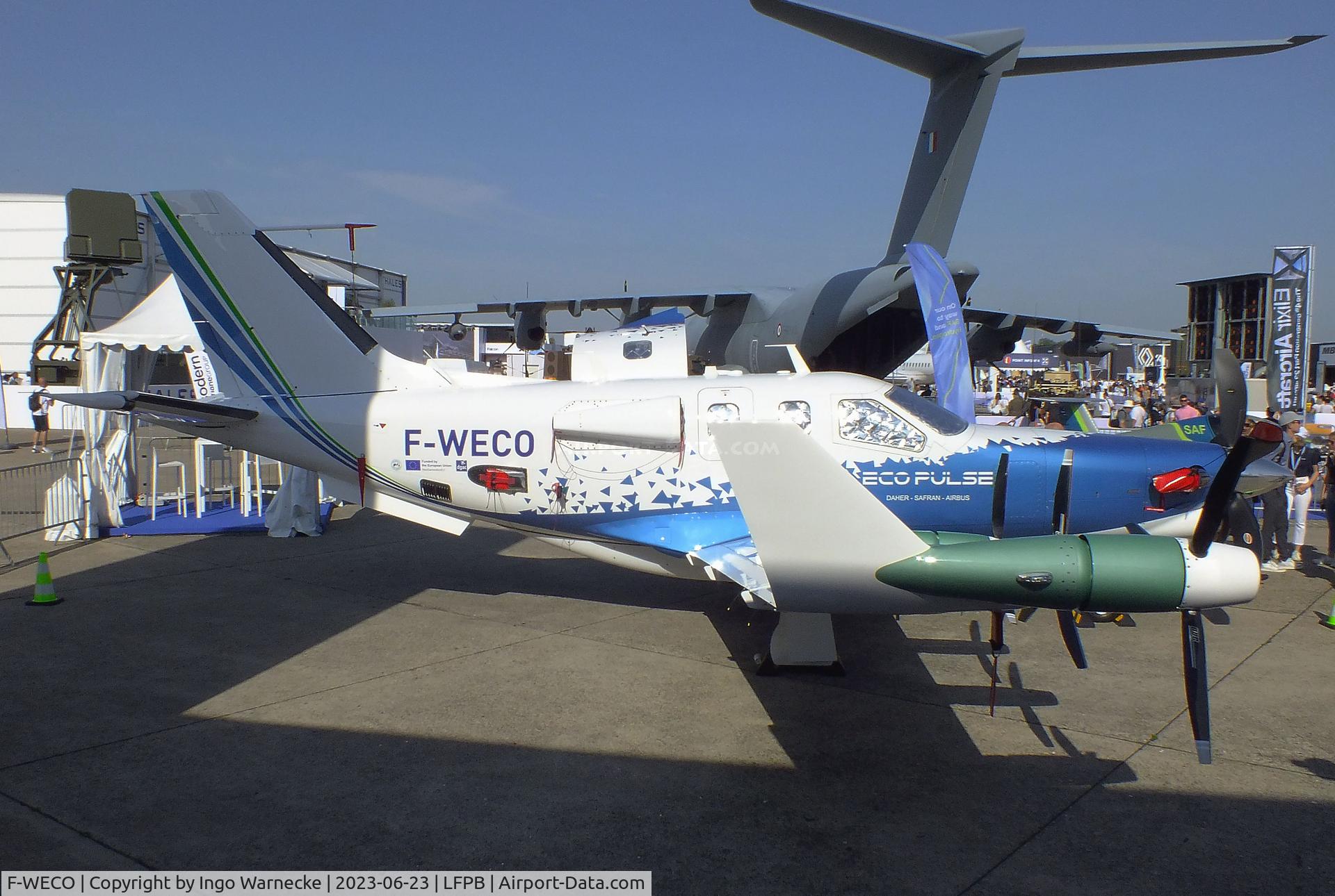 F-WECO, 2022 Daher/Safran/Airbus TBM EcoPulse C/N not found_F-WECO, Daher/Safran/Airbus TBM EcoPulse demonstrator with 1 turboprop and 6 Safran ENGINeUS electric motors at the Aerosalon 2023, Paris