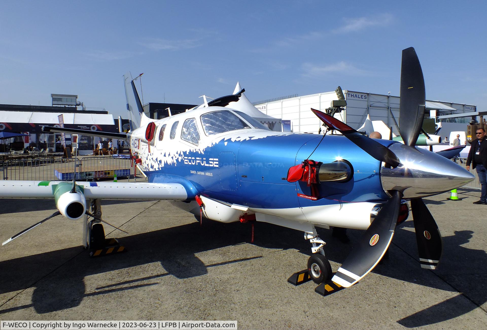 F-WECO, 2022 Daher/Safran/Airbus TBM EcoPulse C/N not found_F-WECO, Daher/Safran/Airbus TBM EcoPulse demonstrator with 1 turboprop and 6 Safran ENGINeUS electric motors at the Aerosalon 2023, Paris