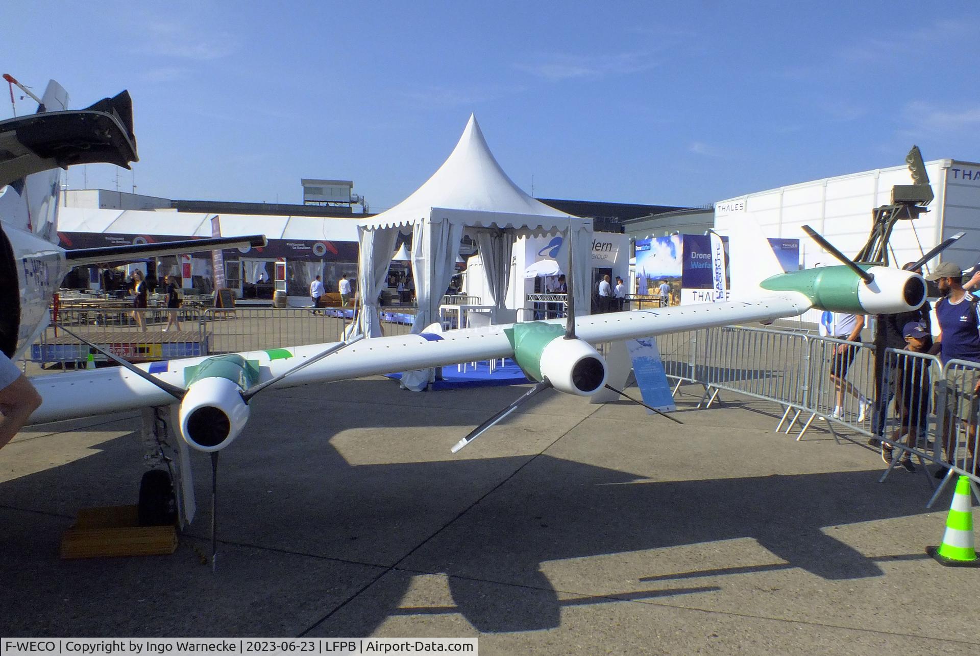 F-WECO, 2022 Daher/Safran/Airbus TBM EcoPulse C/N not found_F-WECO, Daher/Safran/Airbus TBM EcoPulse demonstrator with 1 turboprop and 6 Safran ENGINeUS electric motors at the Aerosalon 2023, Paris