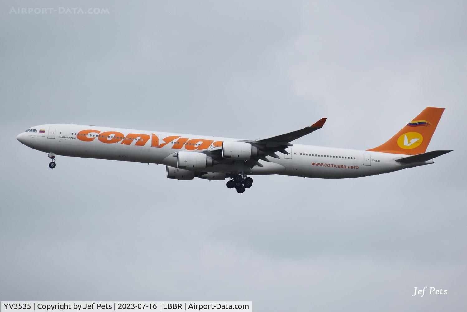 YV3535, 2002 Airbus A340-642 C/N 416, Landing at Brussels Airport.  Ex G-VOGE & YI-NAD.