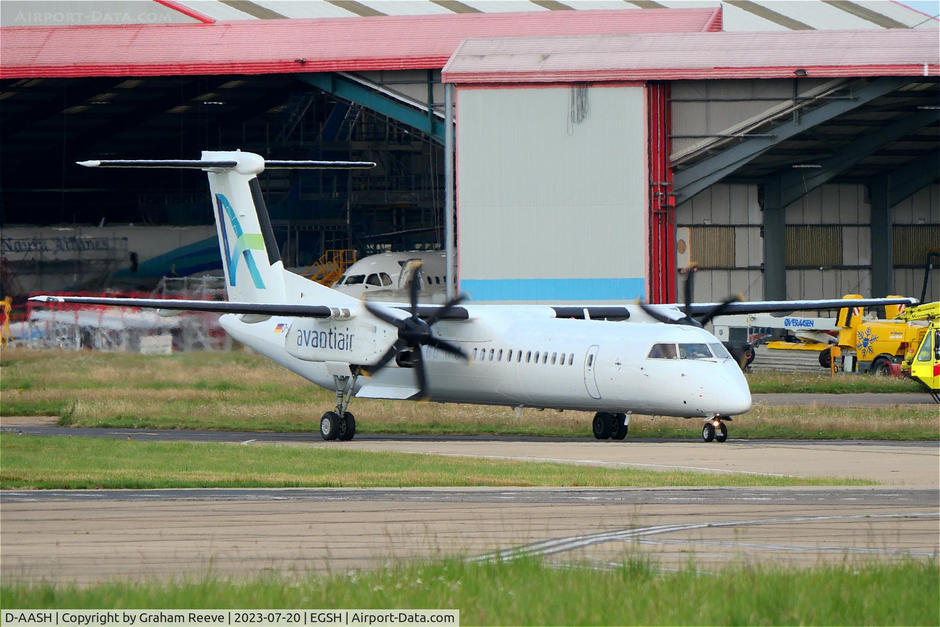 D-AASH, 2008 De Havilland Canada DHC-8-400 Dash 8 C/N 4187, Just landed at Norwich.