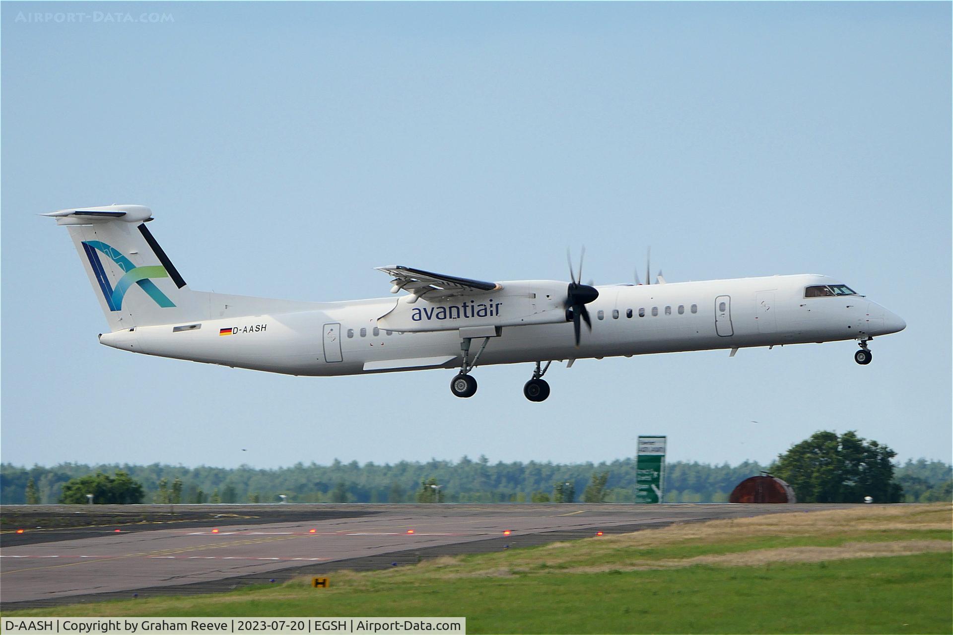 D-AASH, 2008 De Havilland Canada DHC-8-400 Dash 8 C/N 4187, Landing at Norwich.