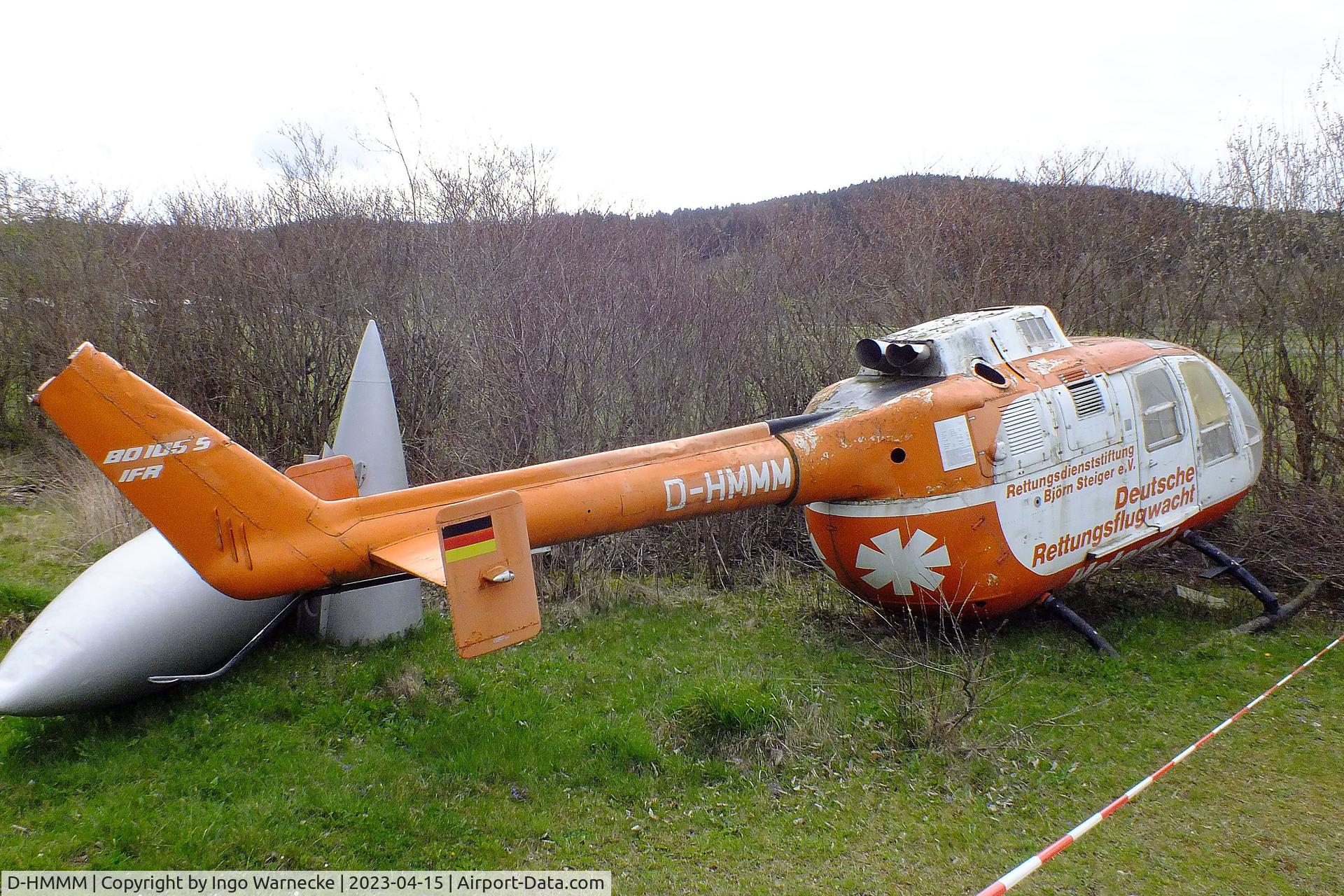 D-HMMM, 1974 MBB Bo-105C C/N S-151, MBB Bo 105C (minus rotors) awaiting restoration at the Internationales Luftfahrtmuseum, Schwenningen