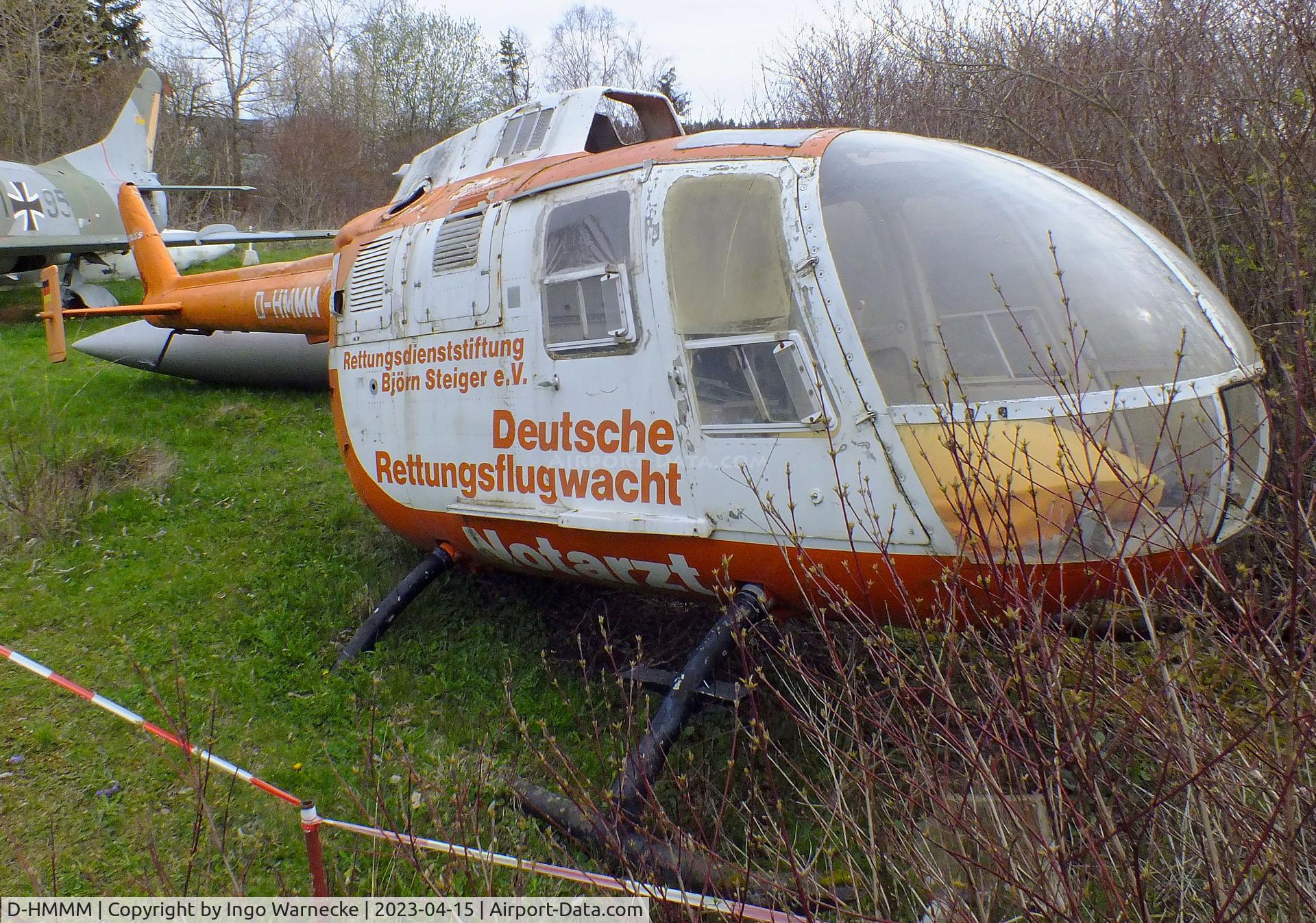 D-HMMM, 1974 MBB Bo-105C C/N S-151, MBB Bo 105C (minus rotors) awaiting restoration at the Internationales Luftfahrtmuseum, Schwenningen