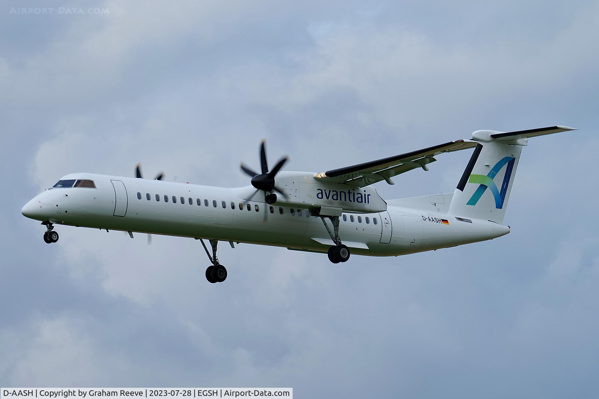 D-AASH, 2008 De Havilland Canada DHC-8-400 Dash 8 C/N 4187, Landing at Norwich.