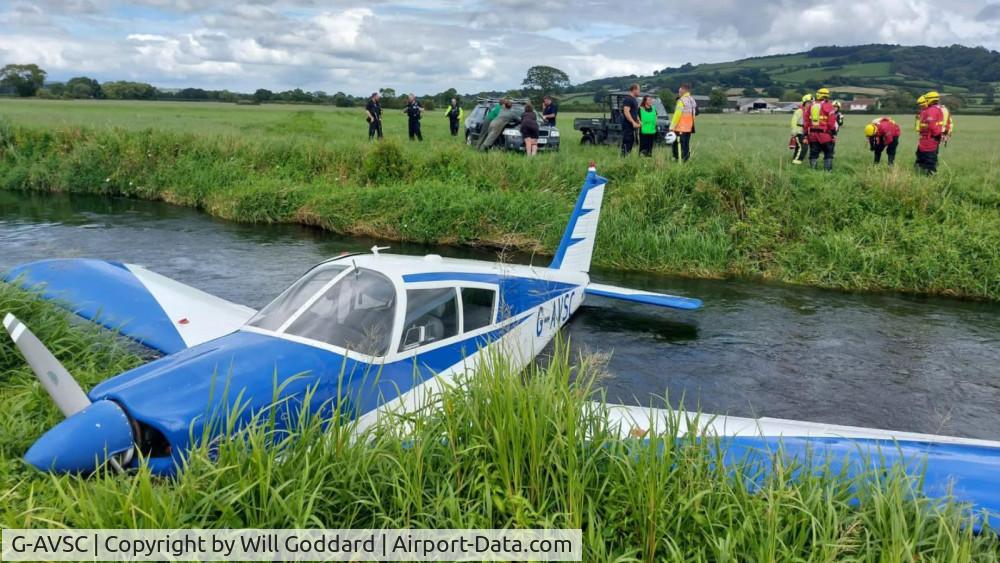 G-AVSC, 1967 Piper PA-28-180 Cherokee C/N 28-4193, Crashed in River Ex in Devon on 2nd August 2023, 09:55. Pilot and passenger  unhurt but had to be rescued from the river. Cause of crash at time of writing unknown