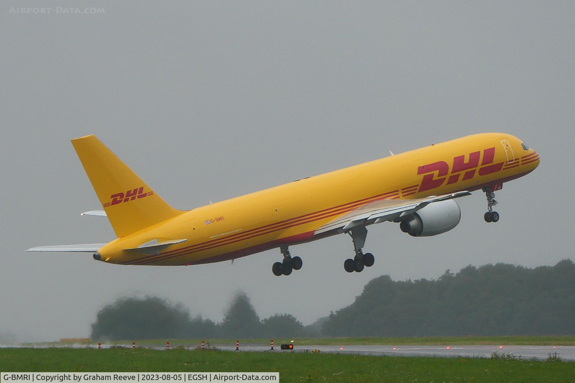 G-BMRI, 1989 Boeing 757-236/SF C/N 24267, Departing from Norwich.