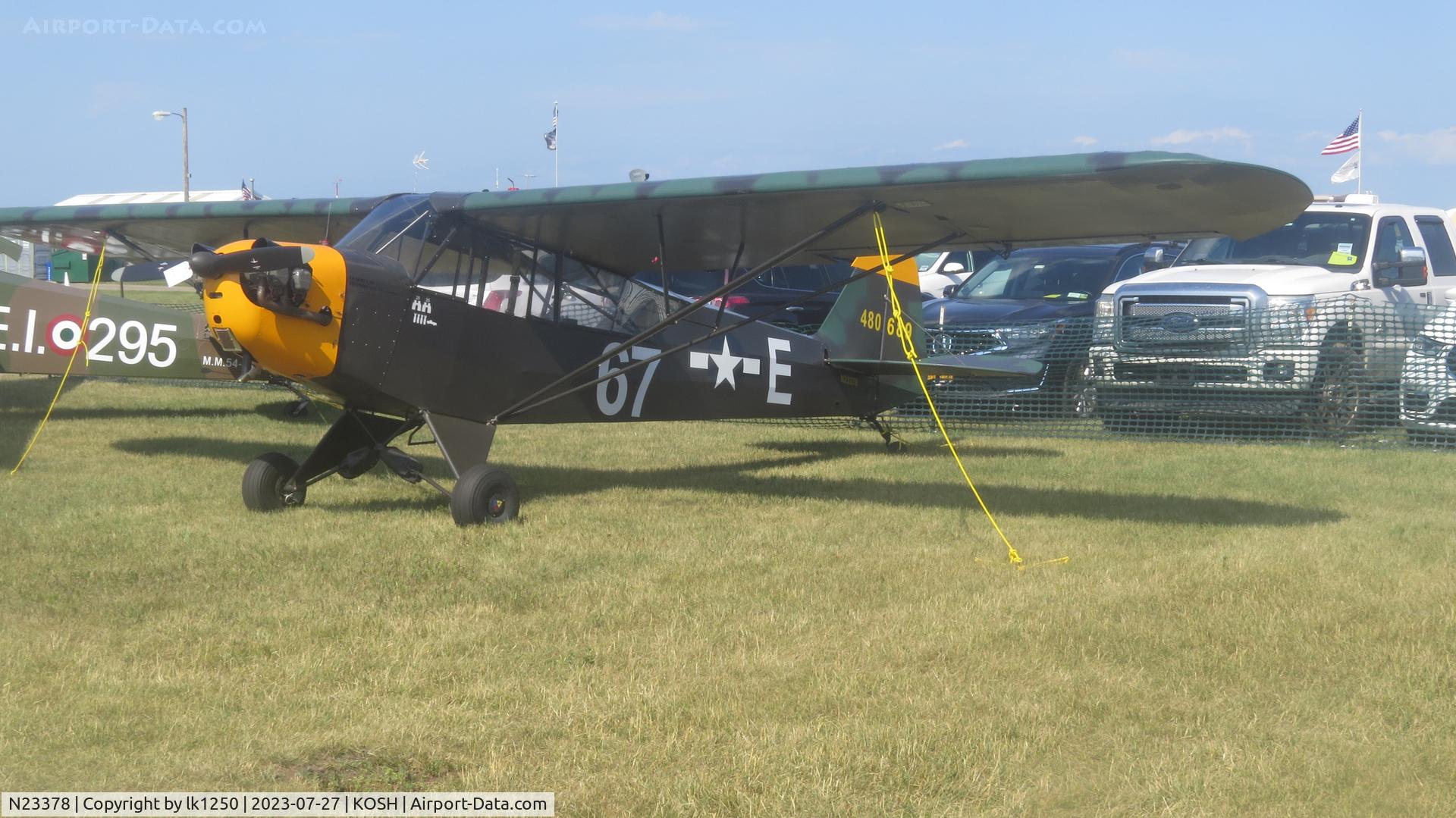 N23378, 1939 Piper J3C-65 Cub C/N 3120, This Piper J3C is painted as USAAF 480689. The real 44-80689 is registered as N129JK. It wa at EAA Air Venture 2023