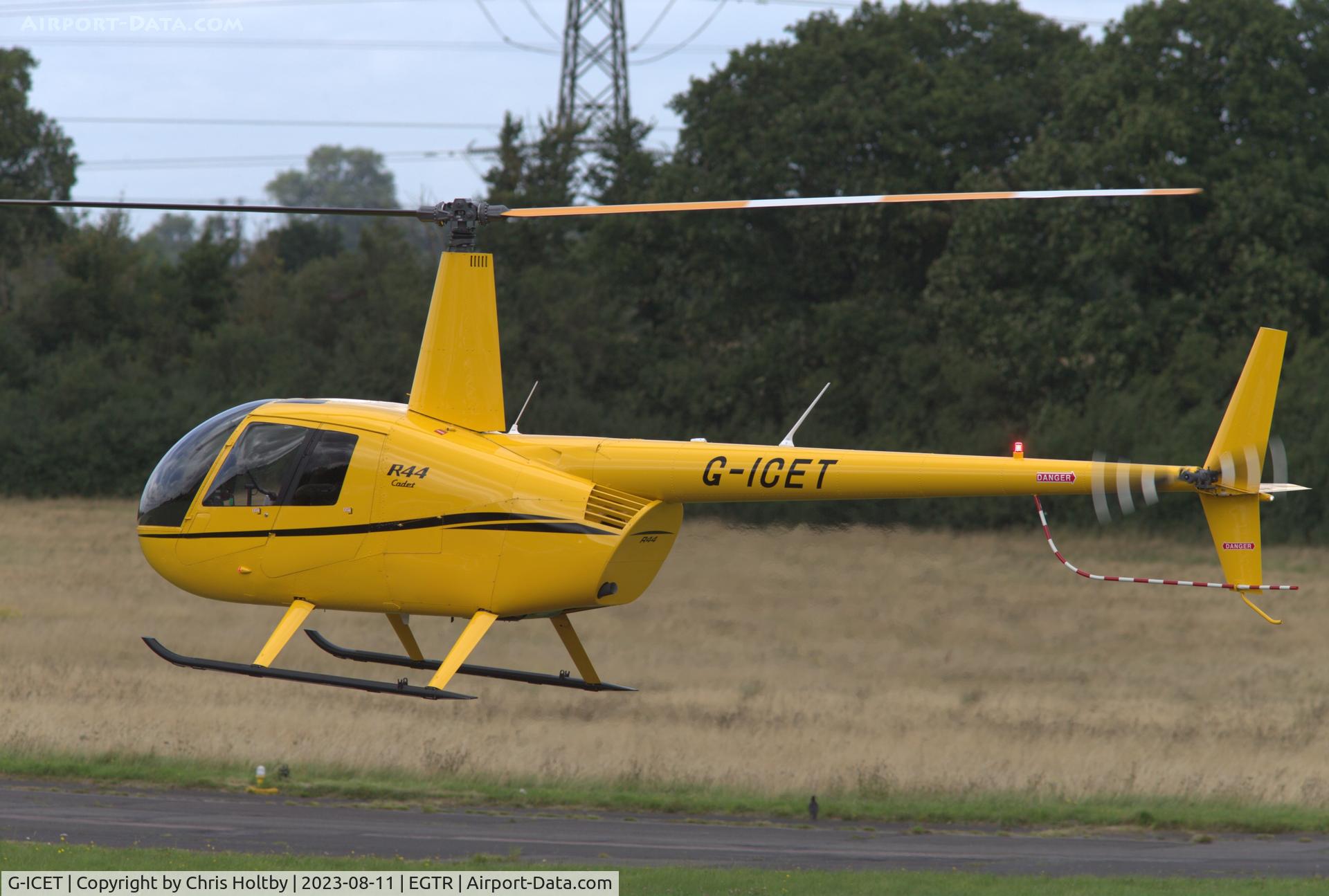 G-ICET, 2021 Robinson R44 Cadet C/N 30078, Taking off at its ICE Helicopters home base at Elstree, Herts