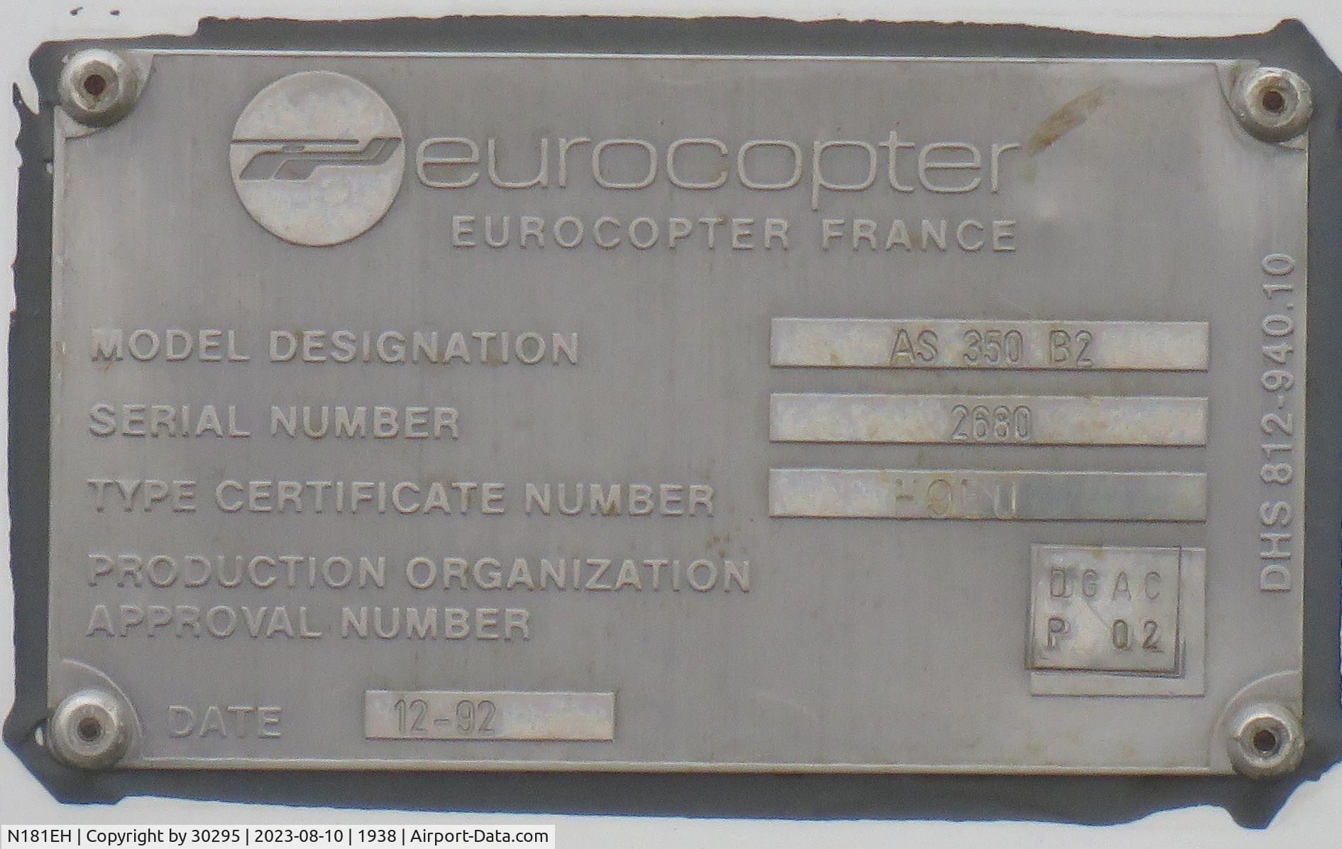 N181EH, 1992 Eurocopter AS-350B-2 Ecureuil Ecureuil C/N 2680, Identification plate
