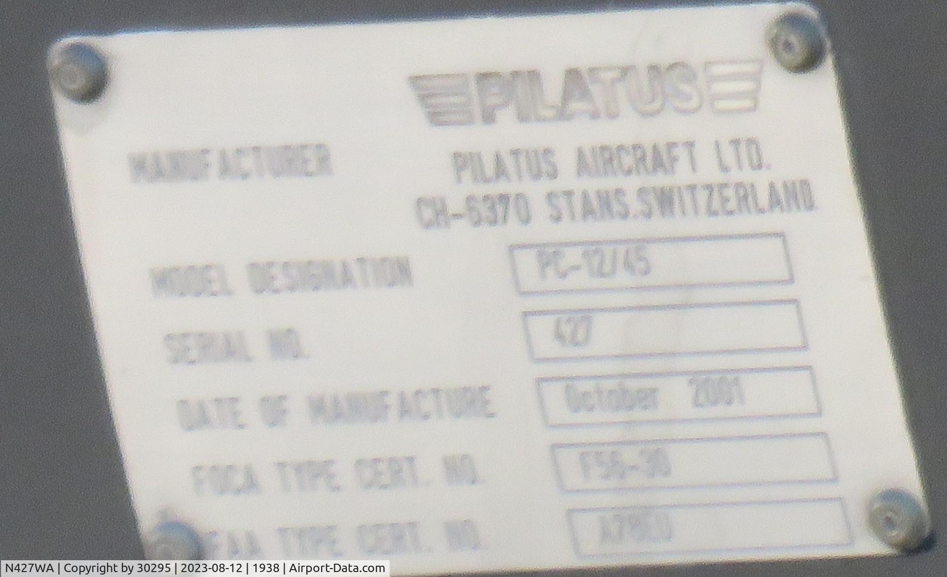 N427WA, 2001 Pilatus PC-12/45 C/N 427, Identification plate