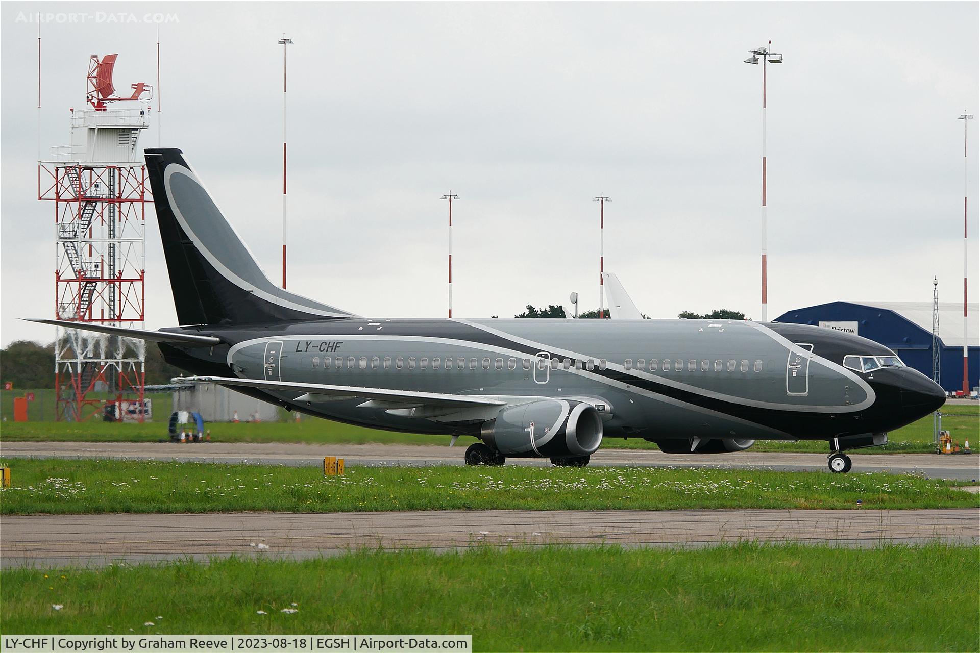 LY-CHF, 1997 Boeing 737-31S C/N 29057, Just landed at Norwich.