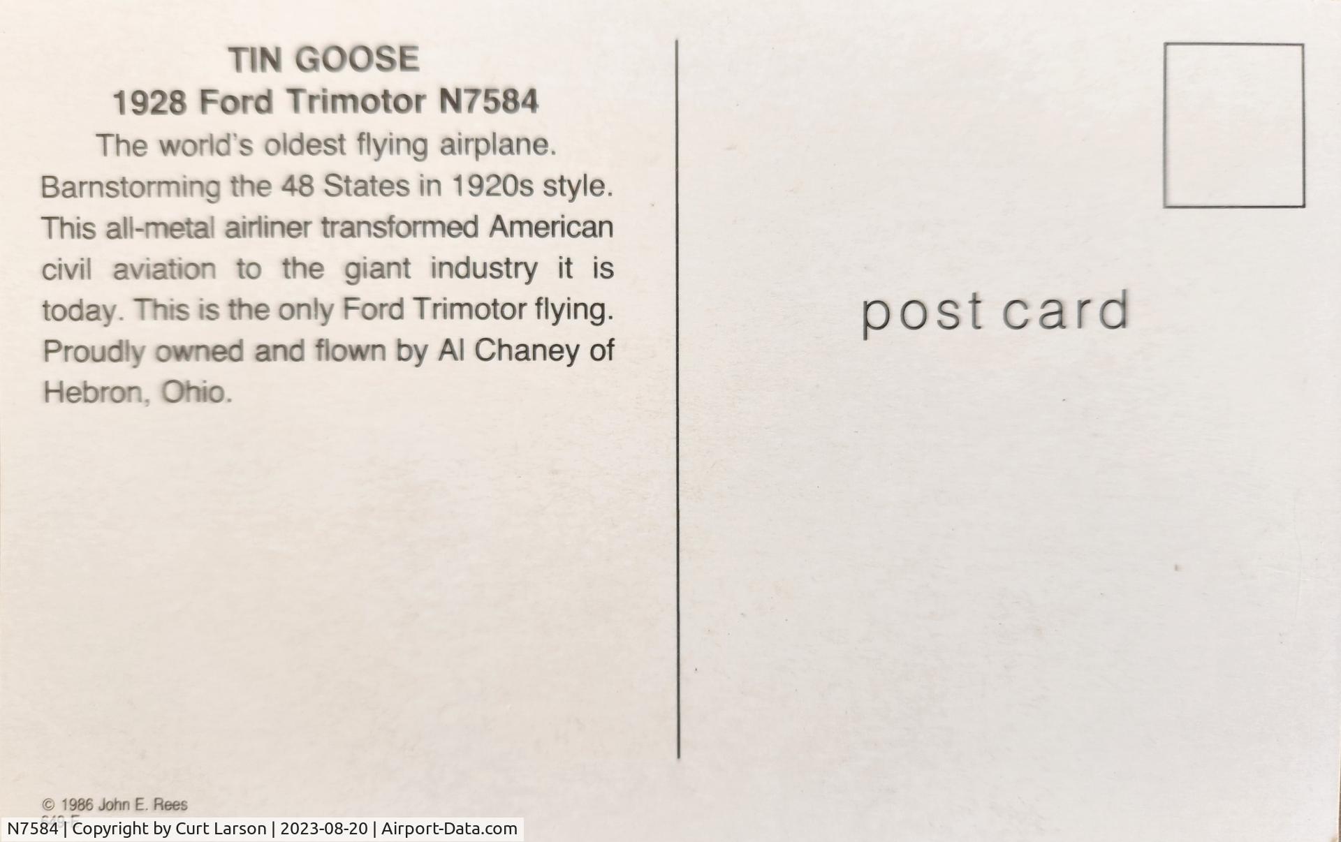 N7584, 1928 Ford 4-AT-B Tri-Motor C/N 38, Back of the postcard handed out when I took a barnstorming ride on N7584 in Jan 1989.