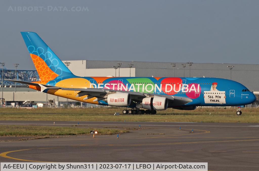A6-EEU, 2013 Airbus A380-861 C/N 147, Arriving from DXB in special c/s... 'Destination Dubai' titles on right side... for heavy maintenance by Airbus