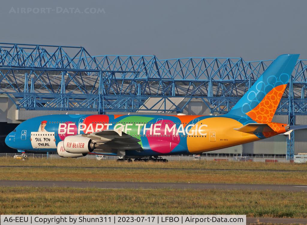 A6-EEU, 2013 Airbus A380-861 C/N 147, Arriving from DXB for heavy maintenance by Airbus... 'Be part of the Magic' titles on left side