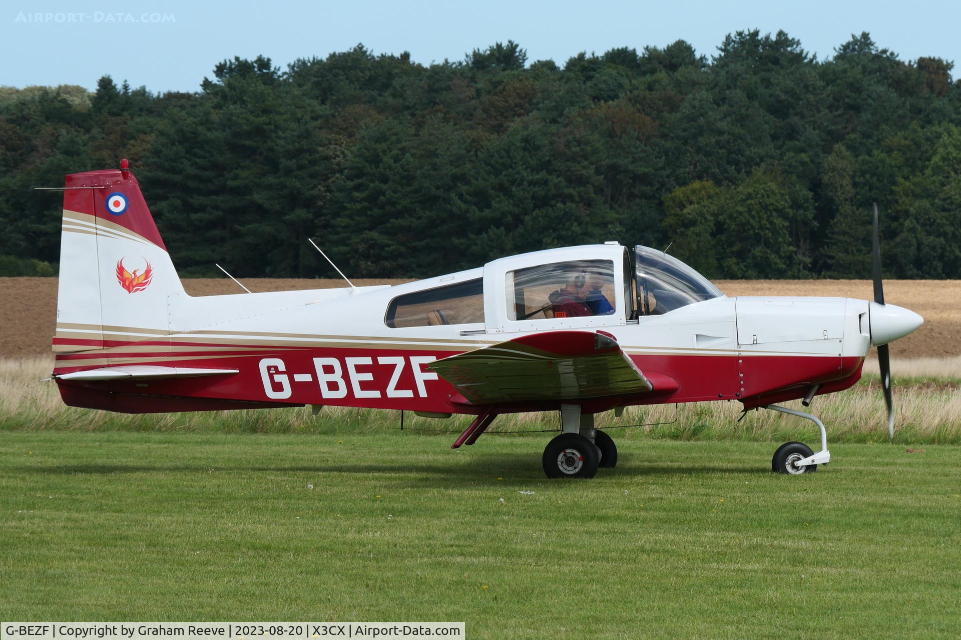 G-BEZF, 1974 Grumman American AA-5 Traveler C/N AA5-0538, Just landed at Northrepps.