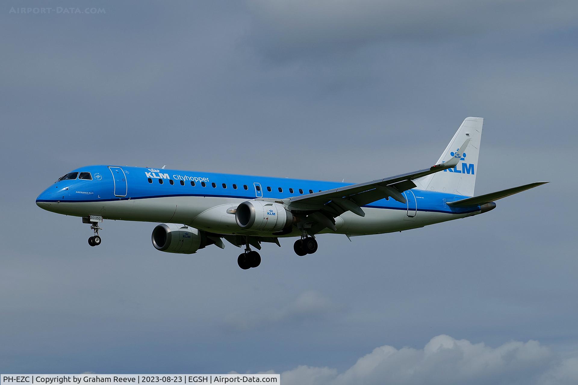 PH-EZC, 2008 Embraer 190LR (ERJ-190-100LR) C/N 19000250, Landing at Norwich.