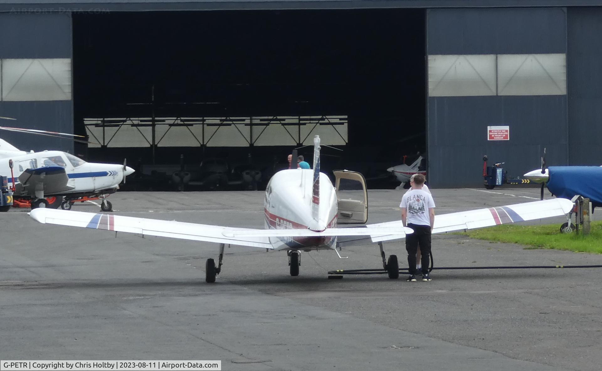 G-PETR, 1974 Piper PA-28-140 Cherokee C/N 28-7425320, 1974 Cherokee 'Cruiser' near the maintenance hangar at Elstree (EGTR)