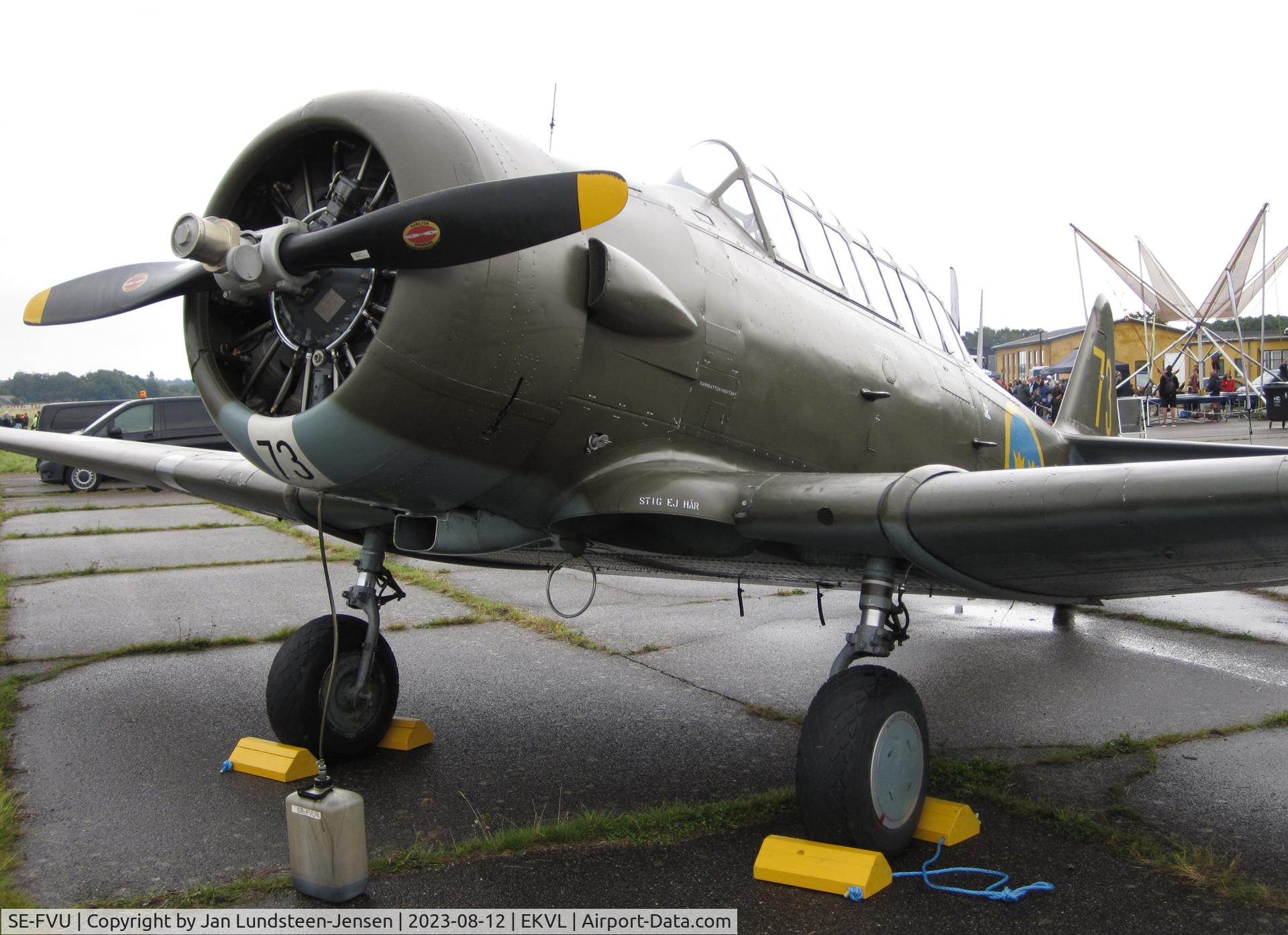 SE-FVU, 1943 Noorduyn AT-16-ND (Sk.16A) Texan C/N 14A-1098, Harvard SE-FVU seen at an airshow at Vaerloese in Denmark. 
This plane is operated by Swedish Air Force Historic Flight.