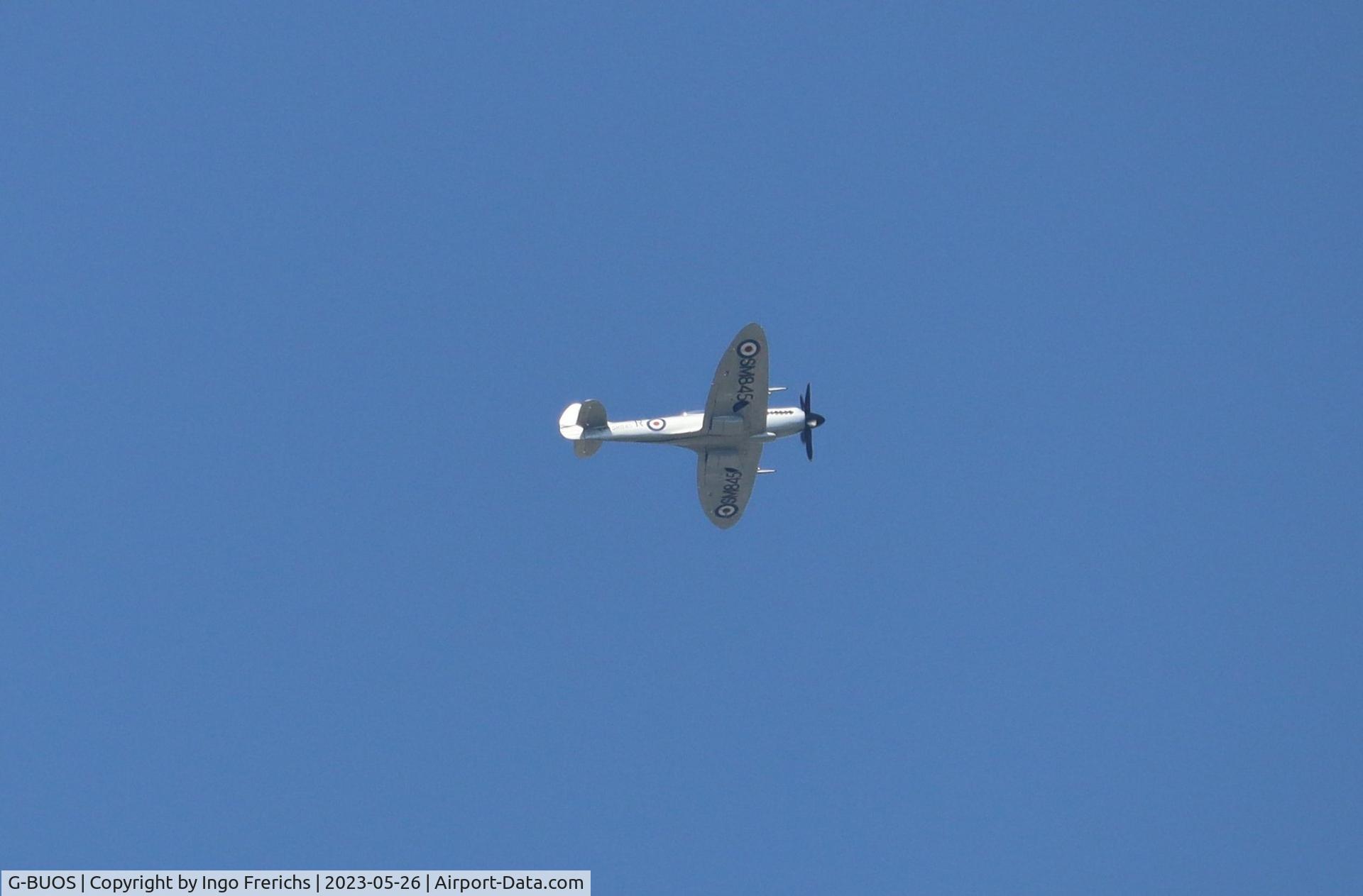 G-BUOS, 1945 Supermarine 394 Spitfire FR.XVIIIe C/N 6S/672224, Near Karlsruhe, the Spitfire SM845 D-FIII (G-BUOS) flies north. Later that day, she crashed at Hildesheim Airport (EDVM).
