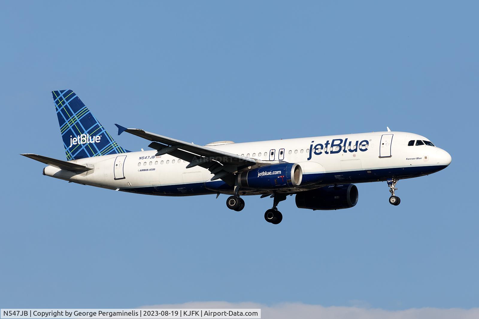 N547JB, 2002 Airbus A320-232 C/N 1849, Final 22L at JFK.