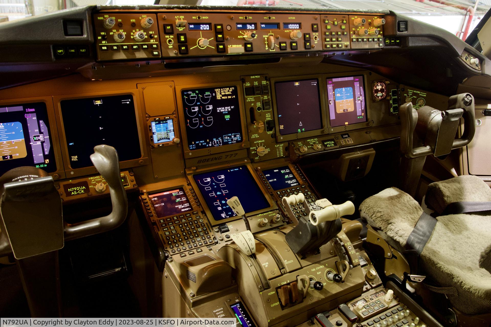 N792UA, 1997 Boeing 777-222 C/N 26934, Flightdeck SFO 2023.