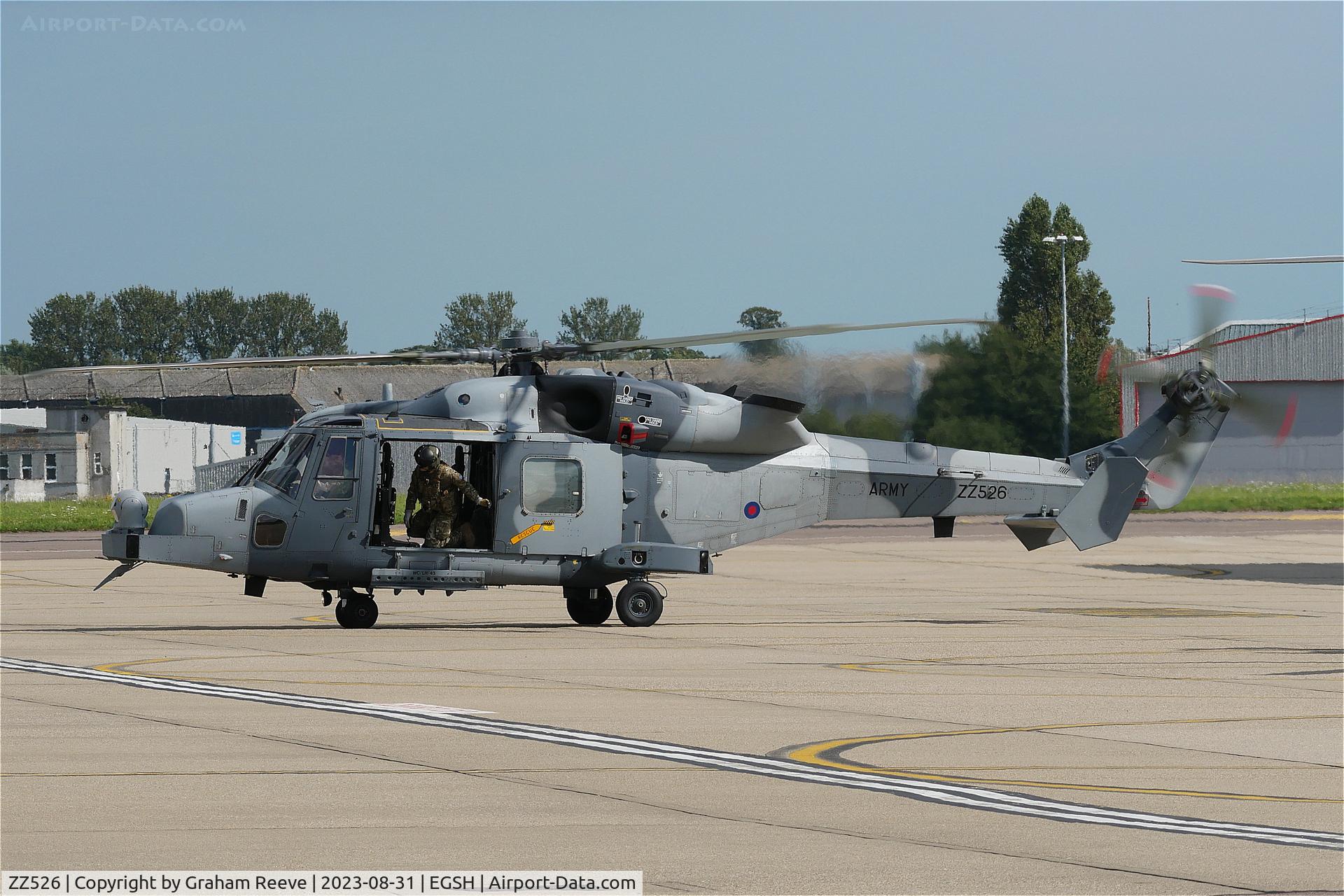 ZZ526, AgustaWestland AW-159 Wildcat AH.1 C/N 533, Departing from Norwich.