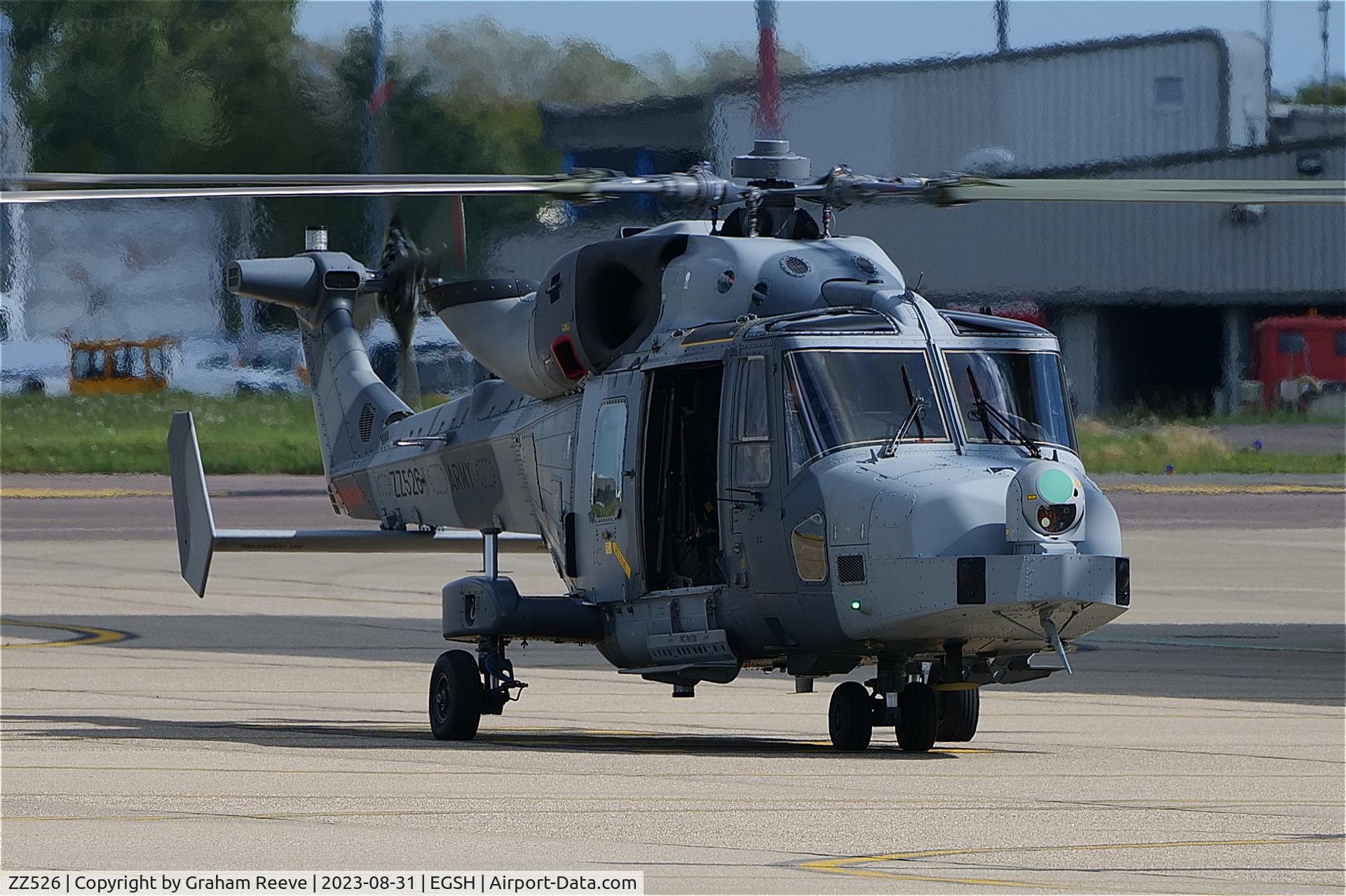 ZZ526, AgustaWestland AW-159 Wildcat AH.1 C/N 533, About to depart from Norwich.
