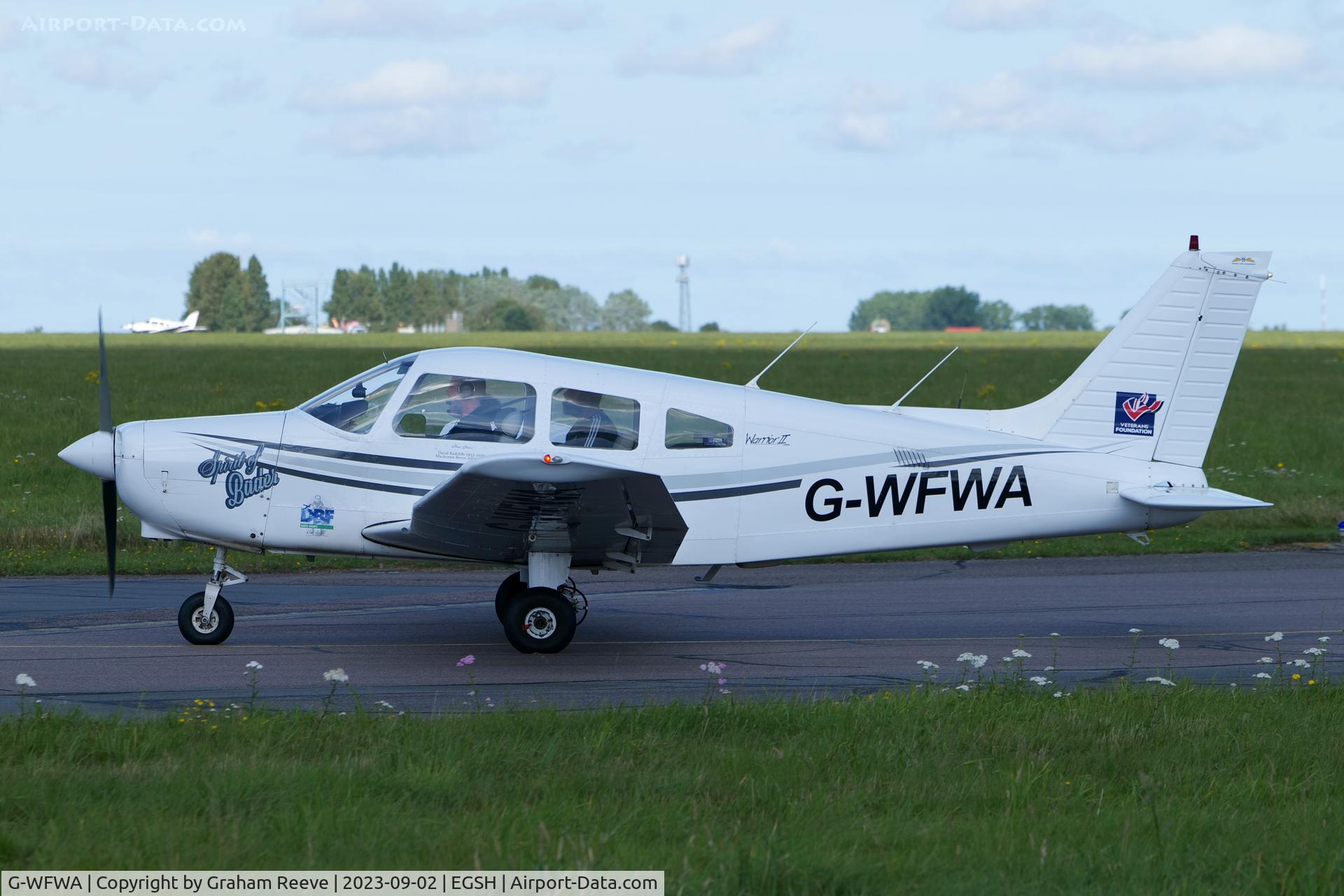 G-WFWA, 1984 Piper PA-28-161 Cherokee Warrior II C/N 28-8416119, Just landed at Norwich.
