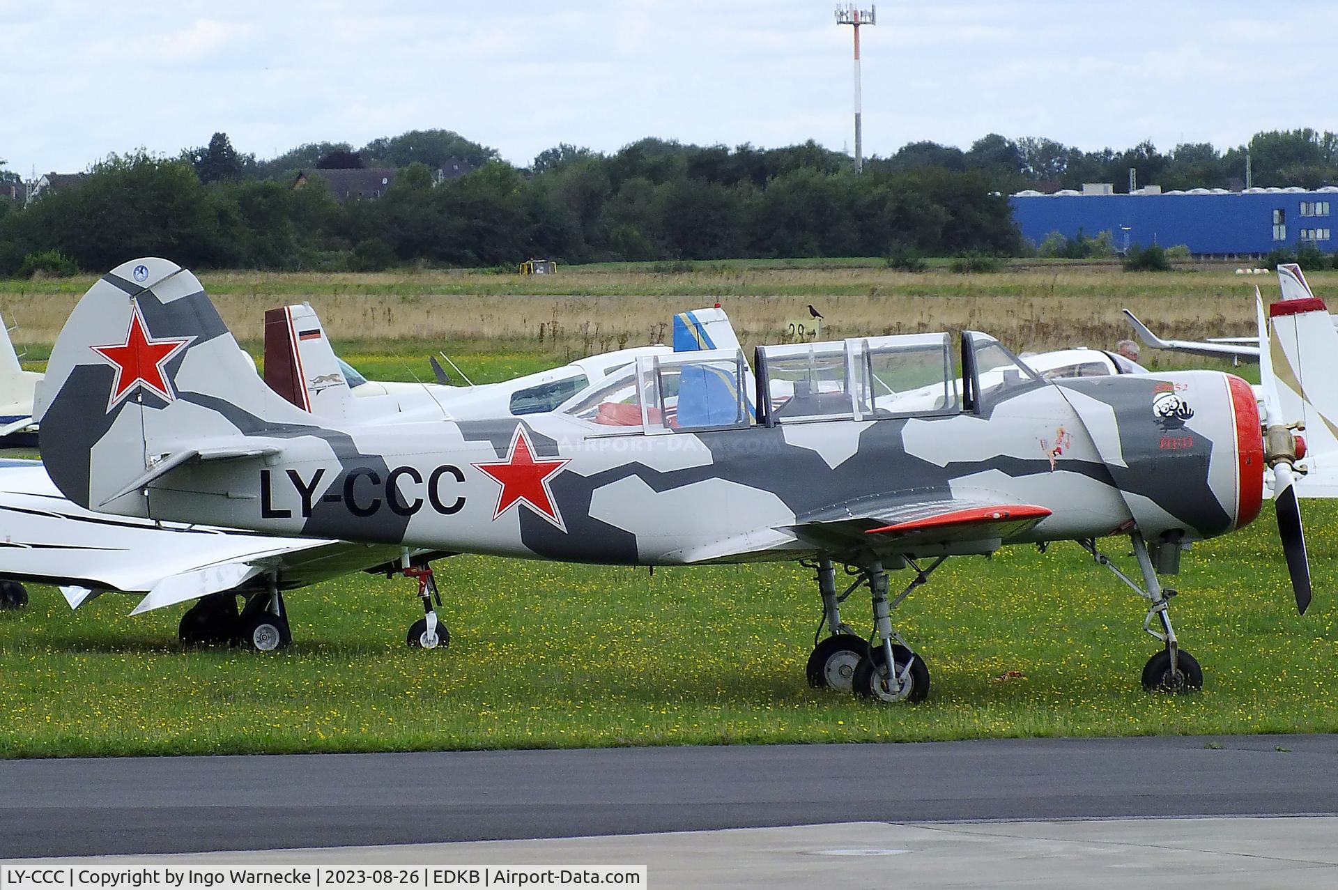 LY-CCC, 1985 Yakovlev (Aerostar) Yak-52 C/N 855412, Yakovlev (Aerostar) Yak-52 at Bonn-Hangelar airfield during the Grumman Fly-in 2023