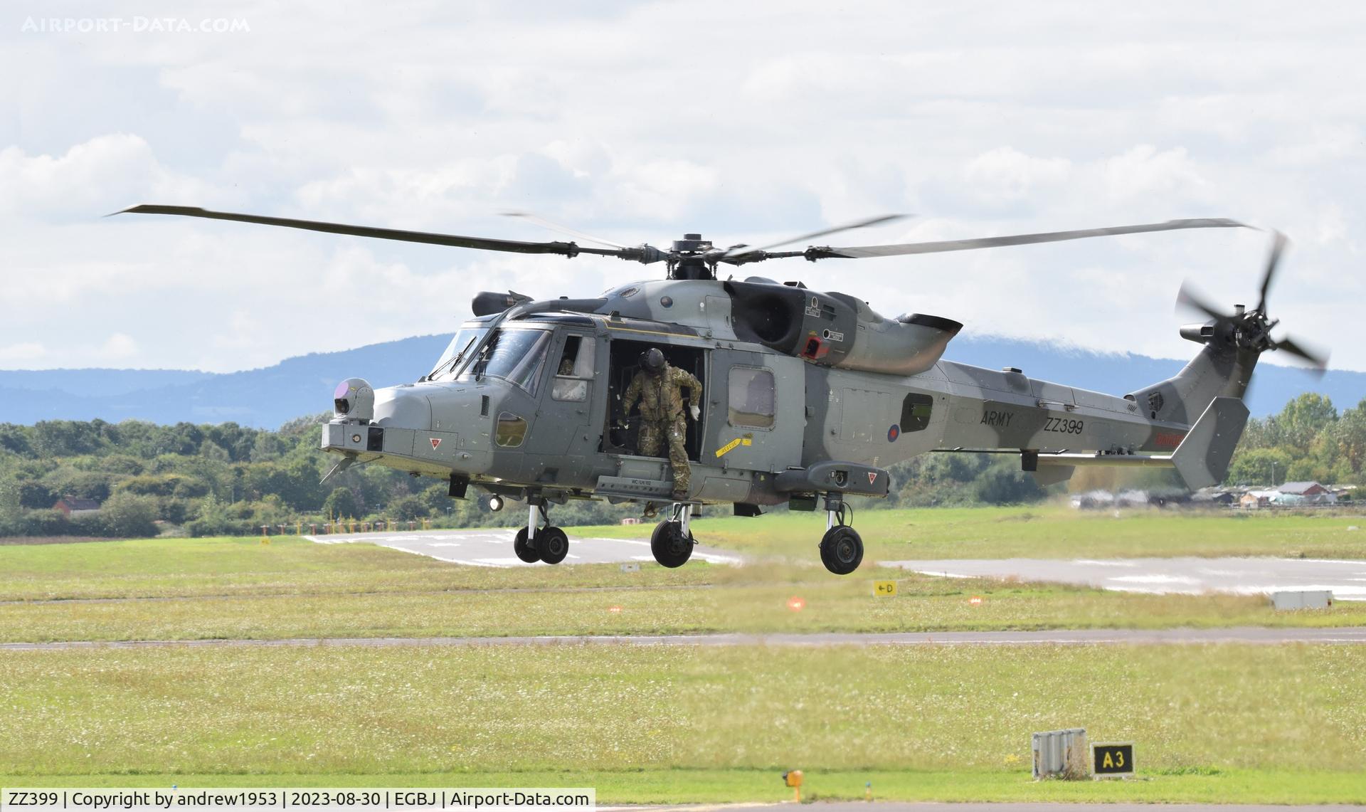 ZZ399, 2011 AgustaWestland AW-159 Wildcat AH.1 C/N 472, ZZ399 landing at Gloucestershire Airport.