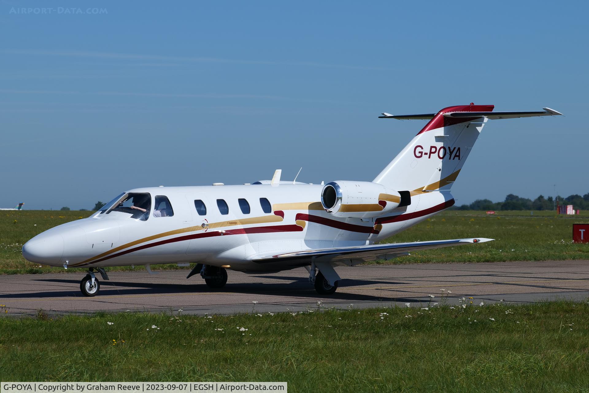 G-POYA, 1997 Cessna 525 CitationJet C/N 525-0181, Just landed at Norwich.