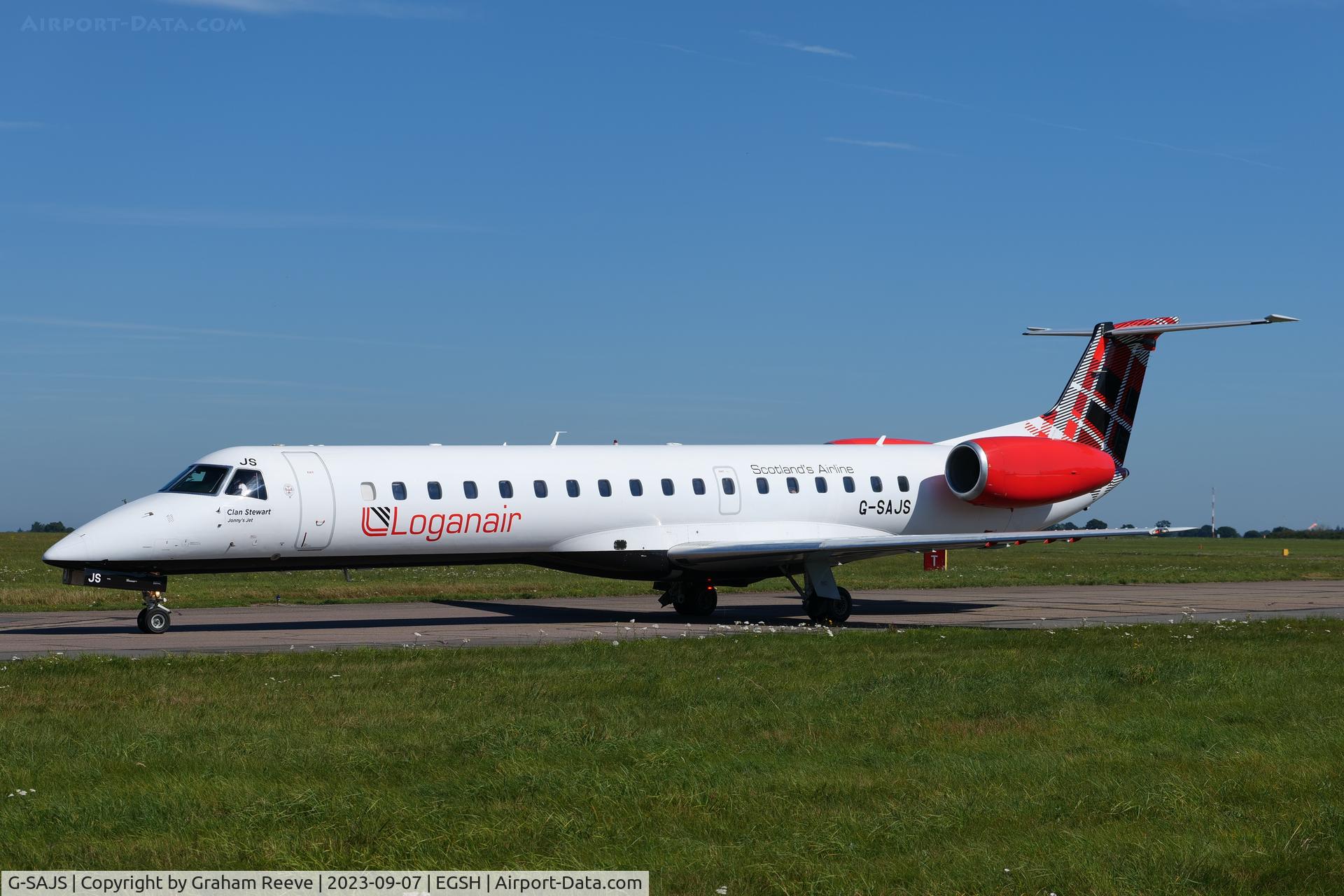 G-SAJS, 2001 Embraer EMB-145EP (ERJ-145EP) C/N 145390, Departing from Norwich.