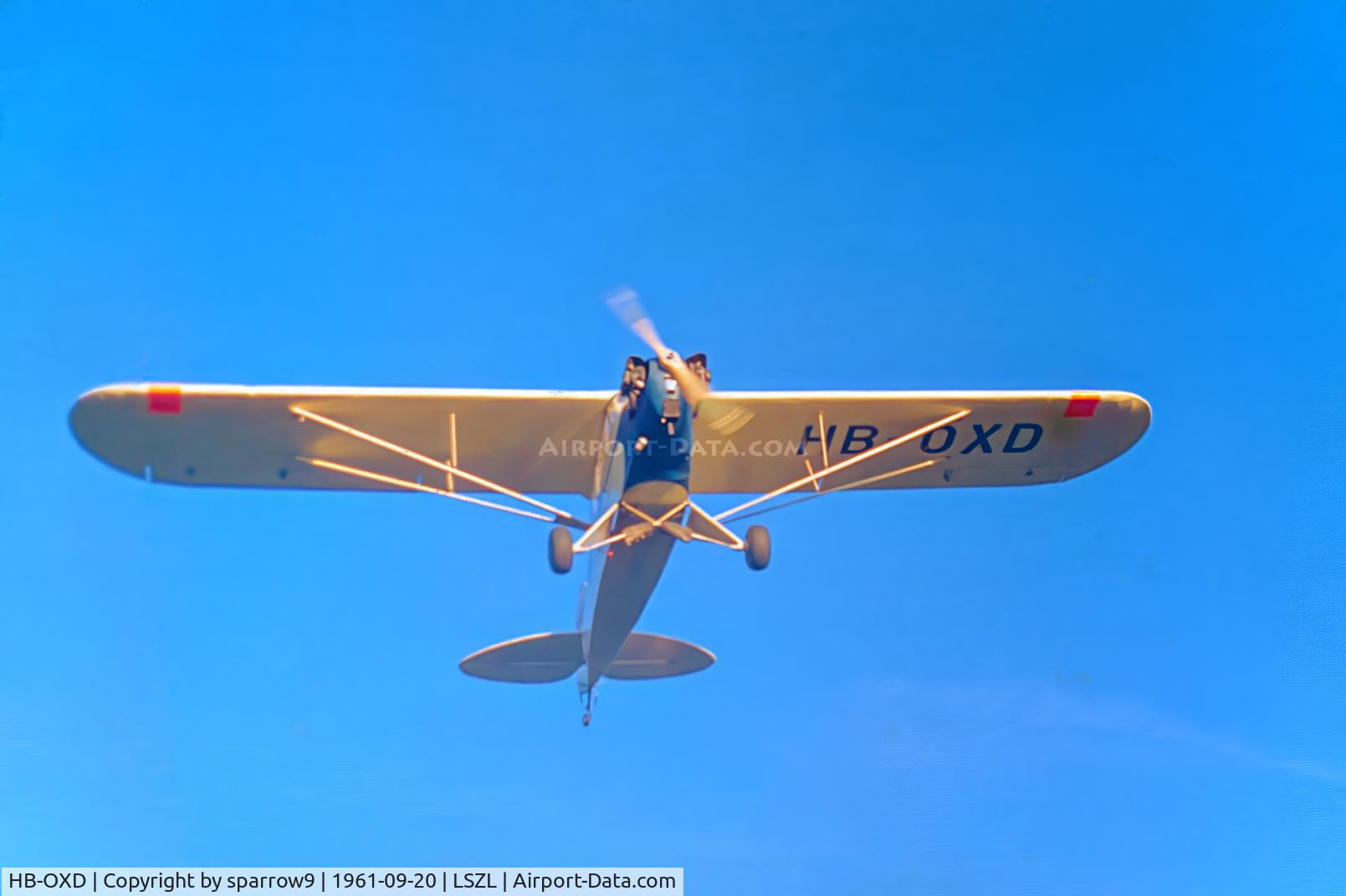 HB-OXD, 1944 Piper J3C-65 Cub Cub C/N G-215, A TG-8 training glider, rebuilt as Piper Cub,, exported to Switzerland and rebuilt as J-3C. Scanned from a slide.