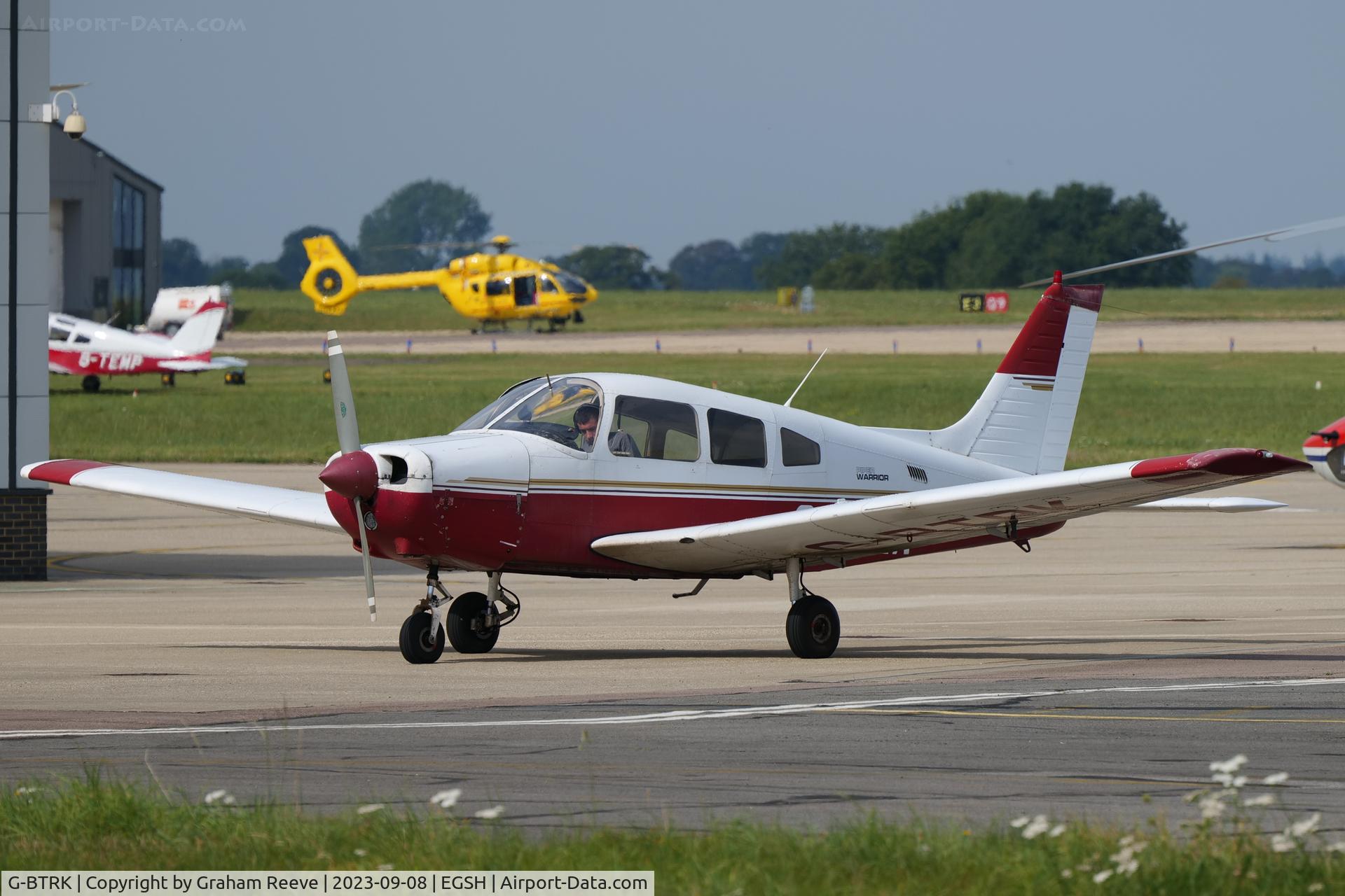 G-BTRK, 1982 Piper PA-28-161 Cherokee Warrior III C/N 28-8216206, Just landed at Norwich.